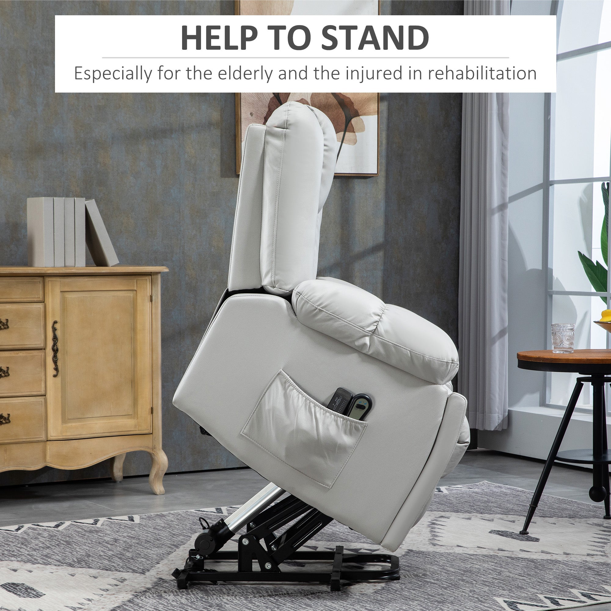 HOMCOM Leathaire Eight Massage Point Armchair, with Reclining Back - Light Grey - North Peak Garden Furniture