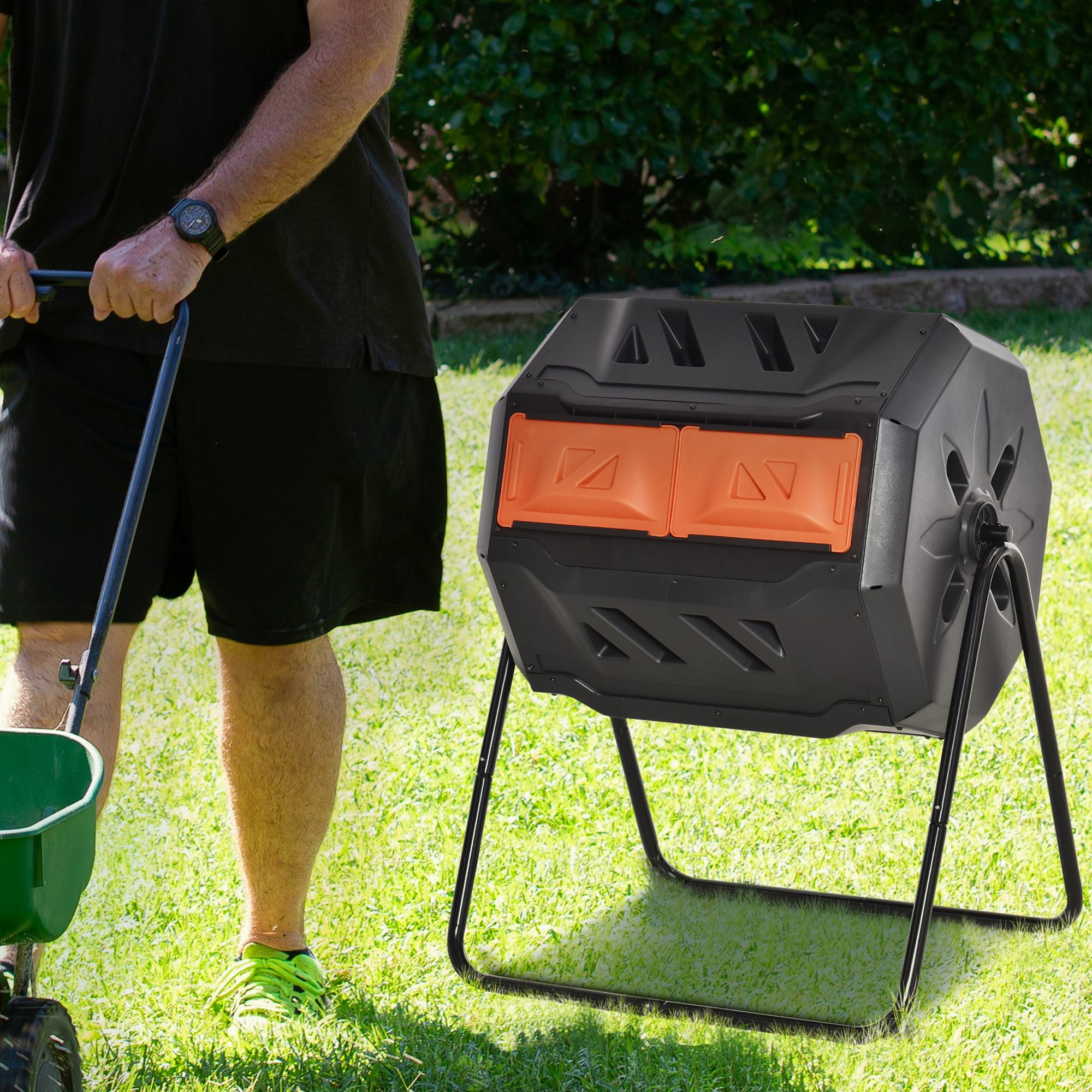 Outsunny 160L Tumbling Compost Bin Outdoor Dual Chamber 360° Rotating Composter, Garden Compost Bin w/ Sliding Doors & Solid Steel Frame, Orange - North Peak Garden Furniture
