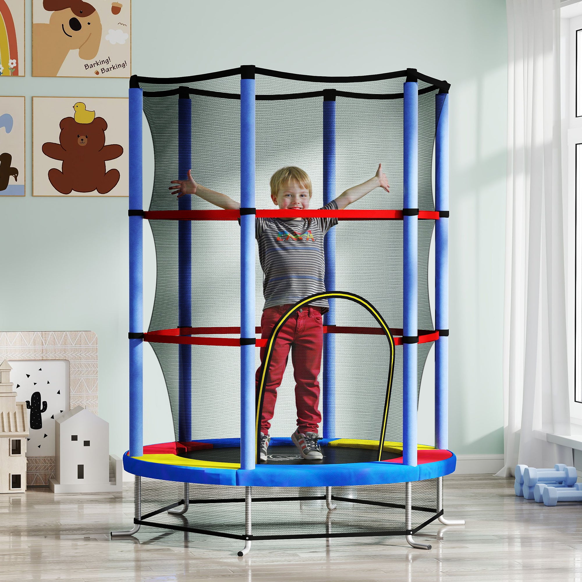 HOMCOM Kids Trampoline, with Enclosure Net, Steel Frame, for Ages 3-6 Years - MultiColoured - North Peak Garden Furniture