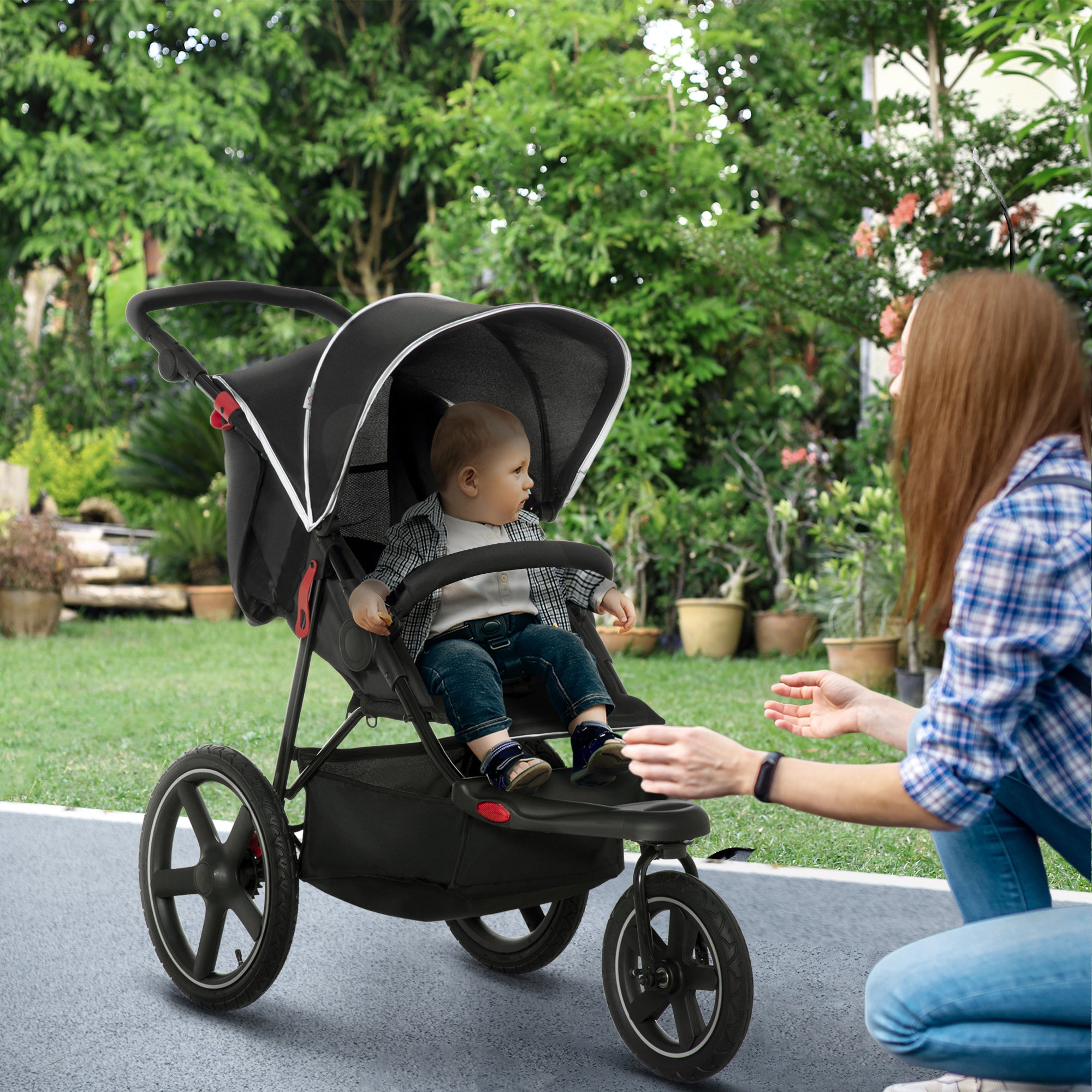 HOMCOM Foldable Three-Wheeler Baby Stroller w/ Canopy, Storage Basket - Black - North Peak Garden Furniture