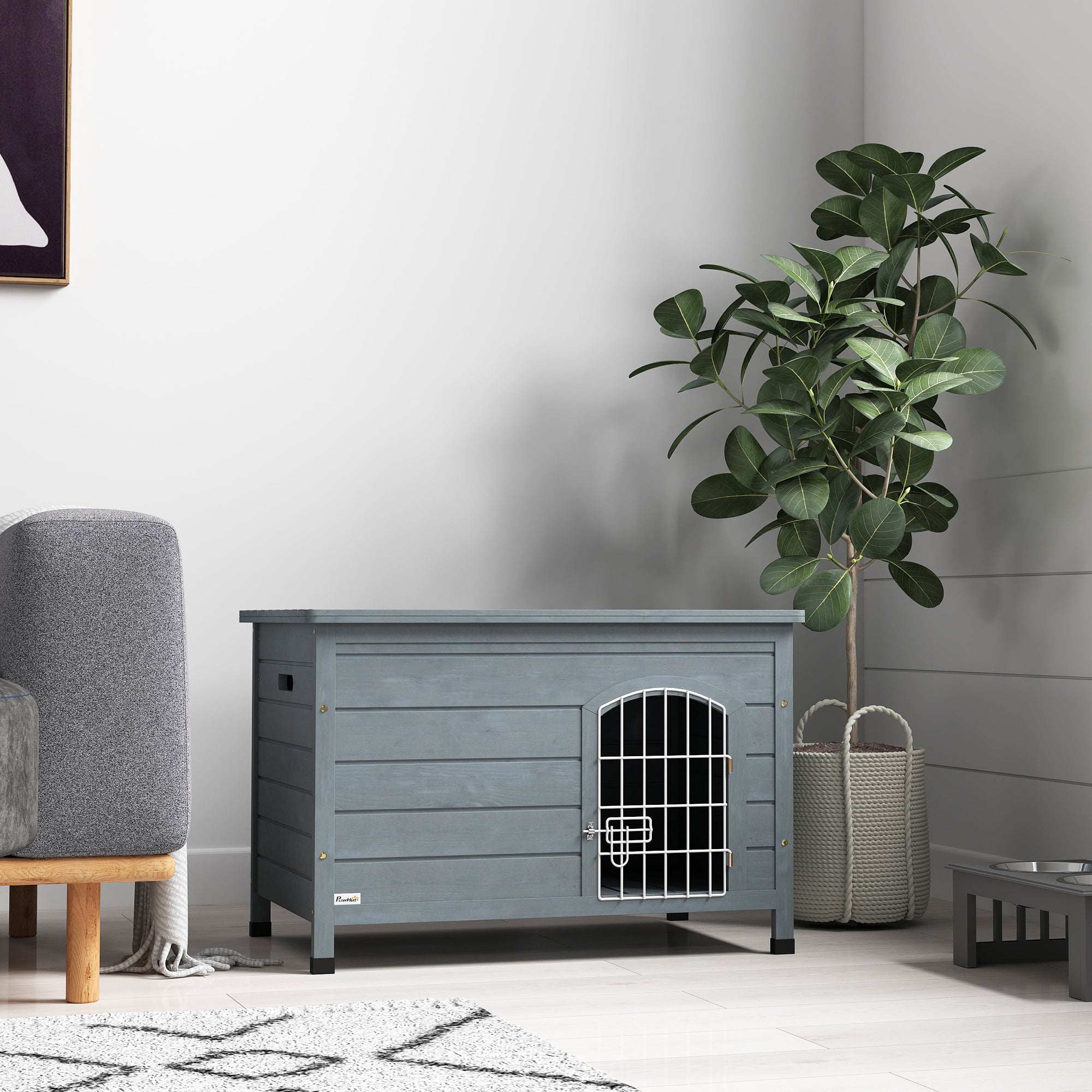 PawHut Wooden Dog House with Removable Bottom, Wire Door, Openable Top, Pet Shelter for Small Dog, 80 x 55 x 53.5cm, Dark Grey - North Peak Garden Furniture