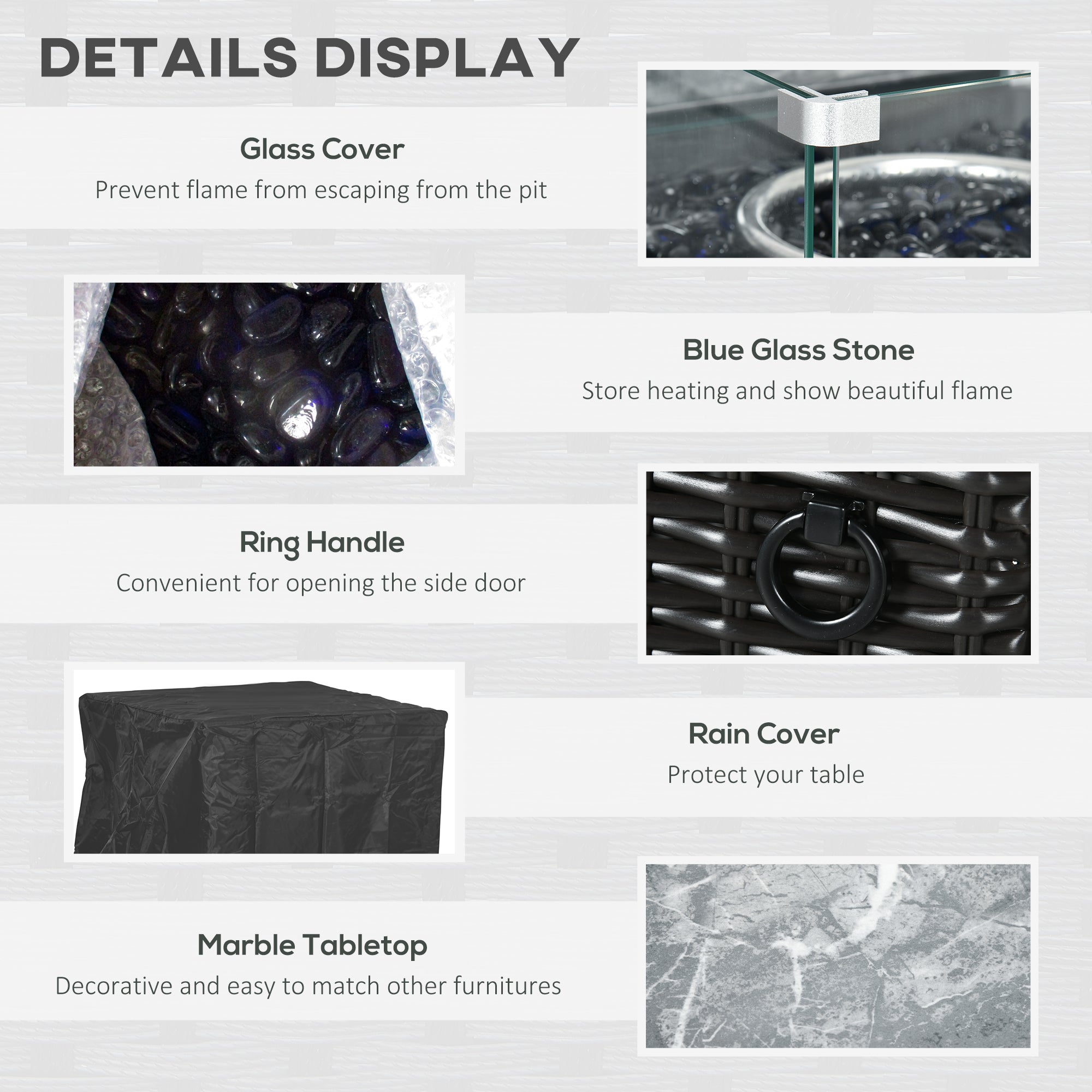 Outsunny Outdoor PE Rattan Gas Fire Pit Table, Patio Square Propane Heater with Marble Desktop, Rain Cover, Glass Windscreen, and Glass Stones, 50,000 BTU, Black - North Peak Garden Furniture