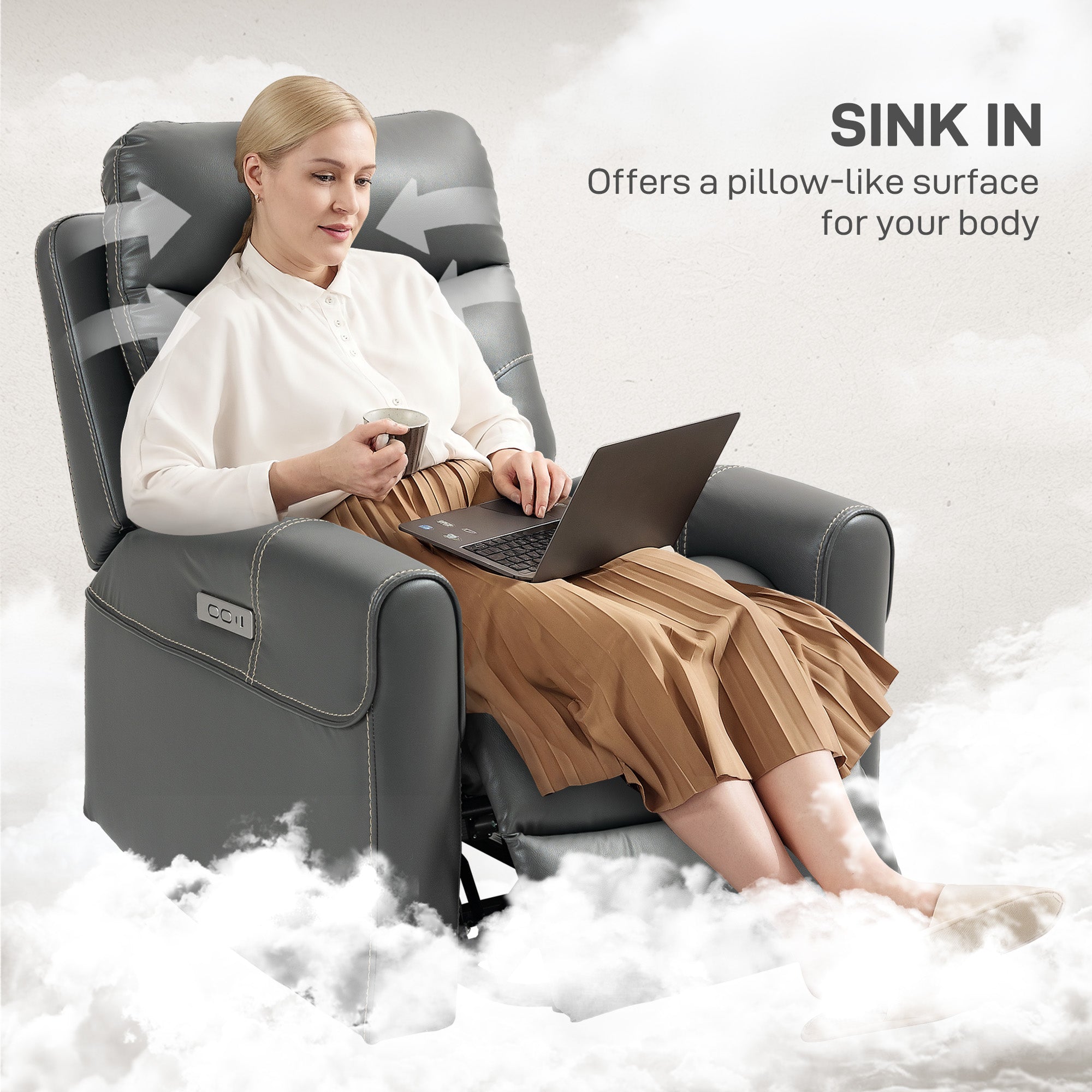 HOMCOM Power Lift Recliner Chair for Elderly, Overstuffed Faux Leather Riser and Reclining Chair with USB A+C Ports, Remote Control, Recliner Armchair for Living Room, Charcoal Grey - North Peak Garden Furniture