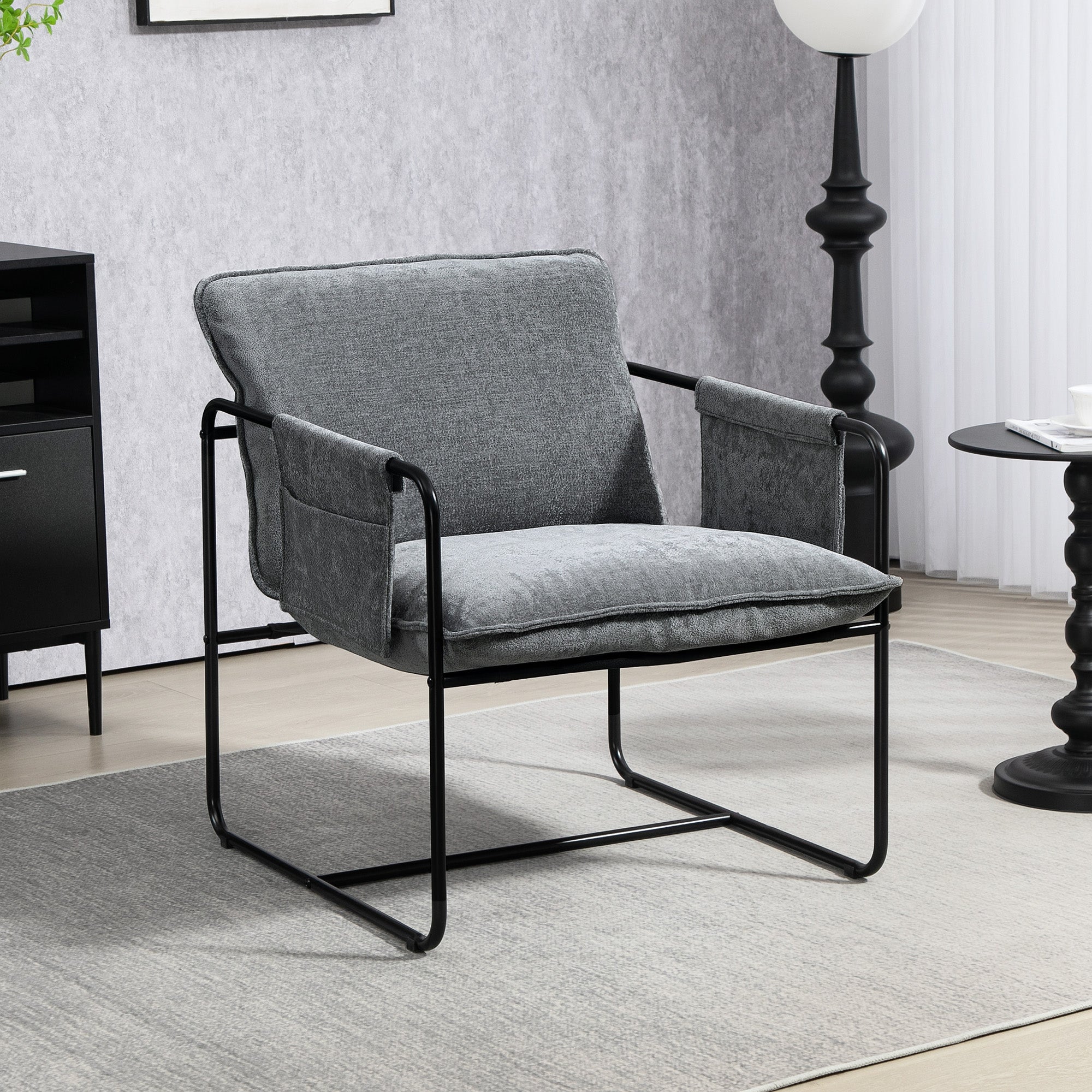 HOMCOM Minimal Padded Accent Chair, with Pockets - Grey - North Peak Garden Furniture