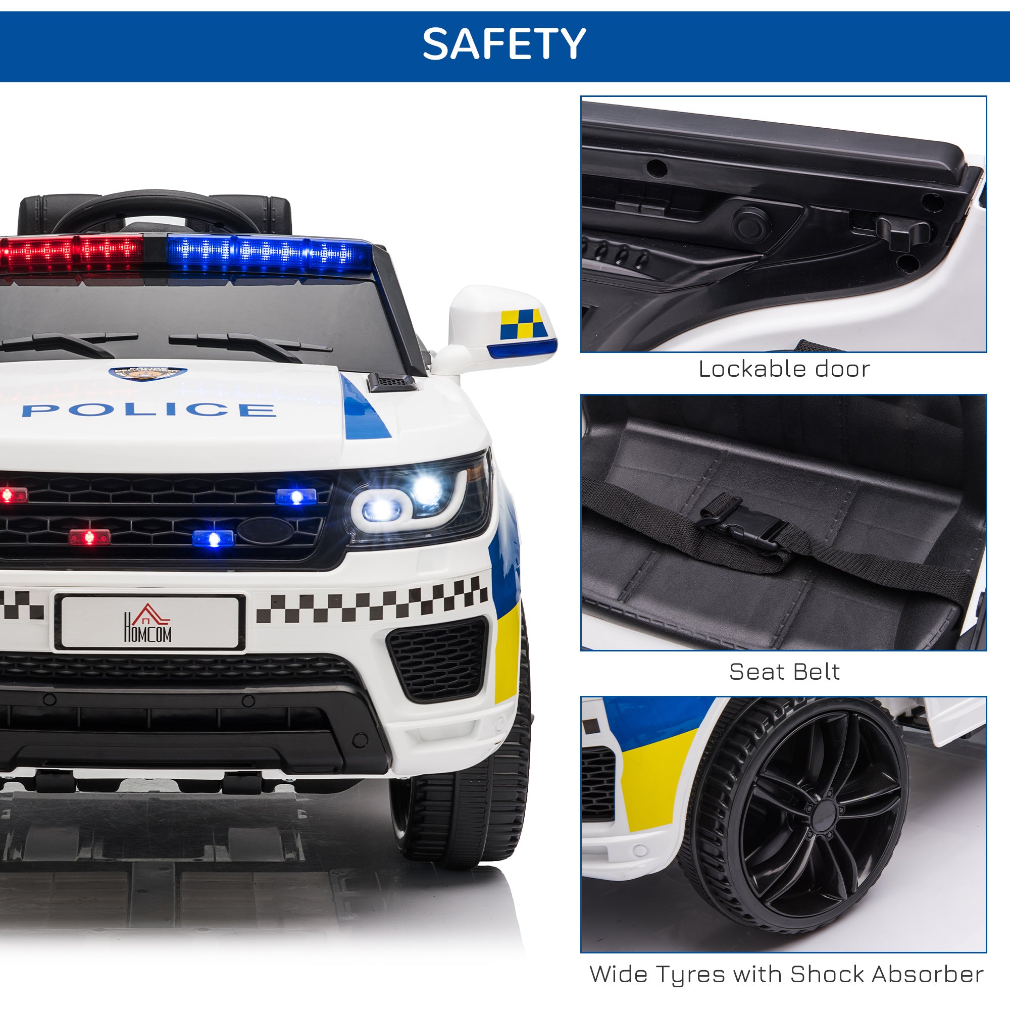 HOMCOM 12V Kids Electric Ride On Police Car 2 Motors with Parental Remote Control Siren Flashing Lights USB Portable for 3-6 Years White - North Peak Garden Furniture