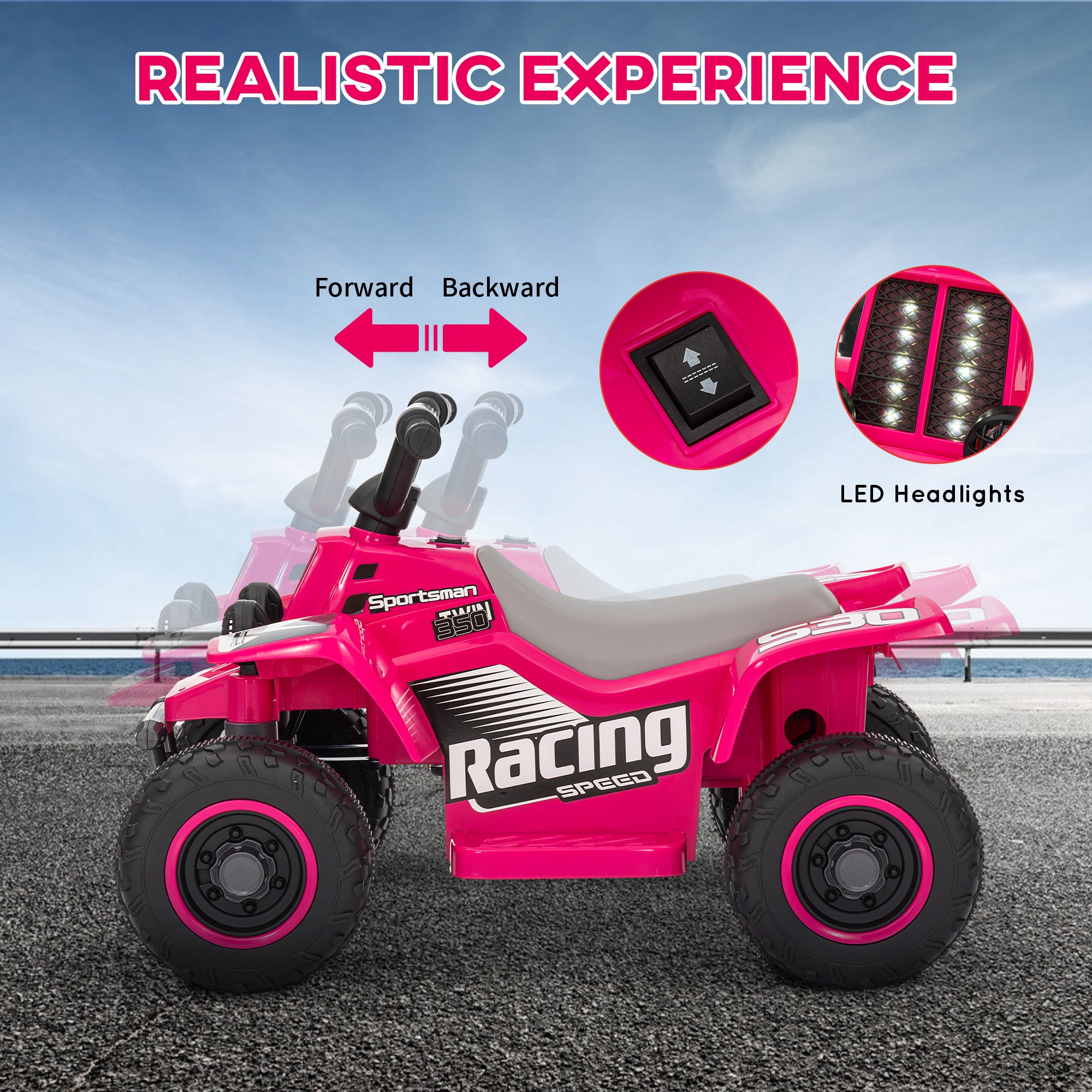 AIYAPLAY 6V Electric Quad Bike for Kids, Ride On ATV w/ Forward Backward, Headlights, for 18-36 Months - Pink