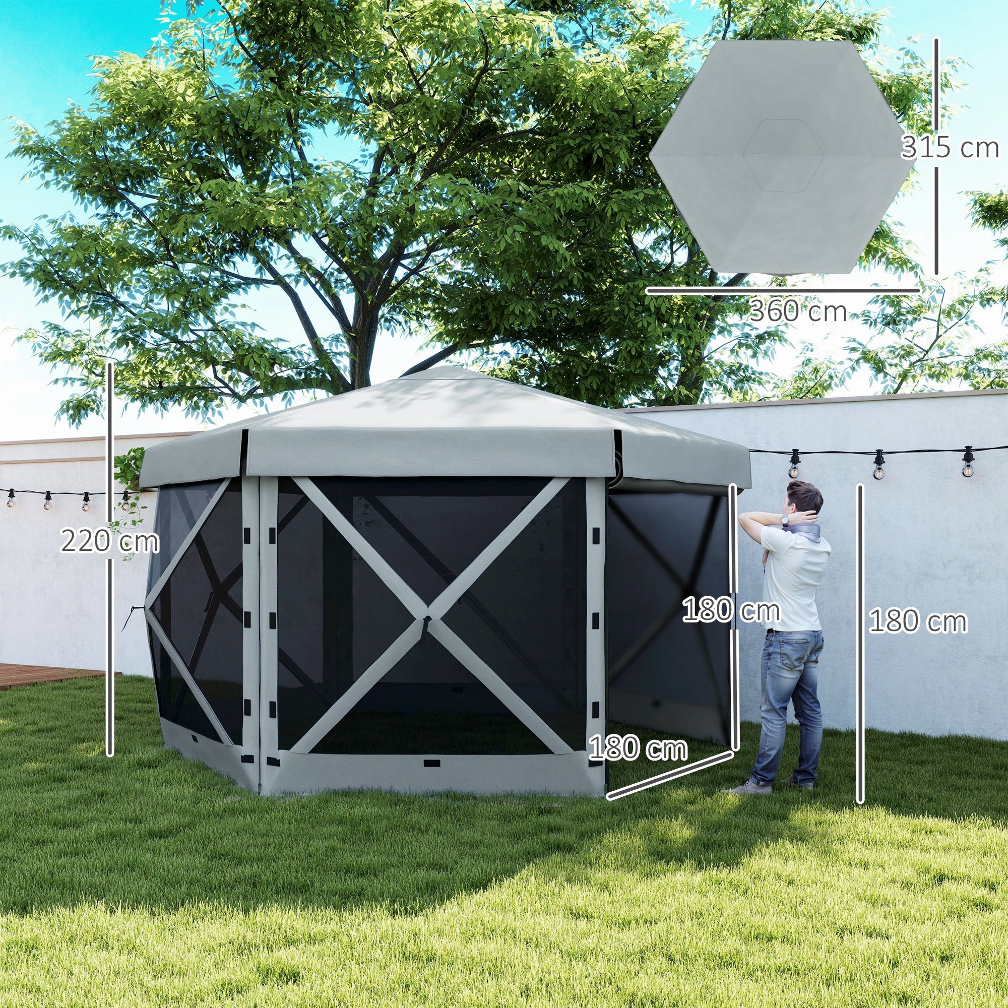 Outsunny 3 x 3(m) Hexagon Pop Up Gazebo with 5 Sides and Carry Bag, Waterproof, UV Resistant Party Tent Instant Event Shelter with Netting for Garden, Patio, Light Grey - North Peak Garden Furniture