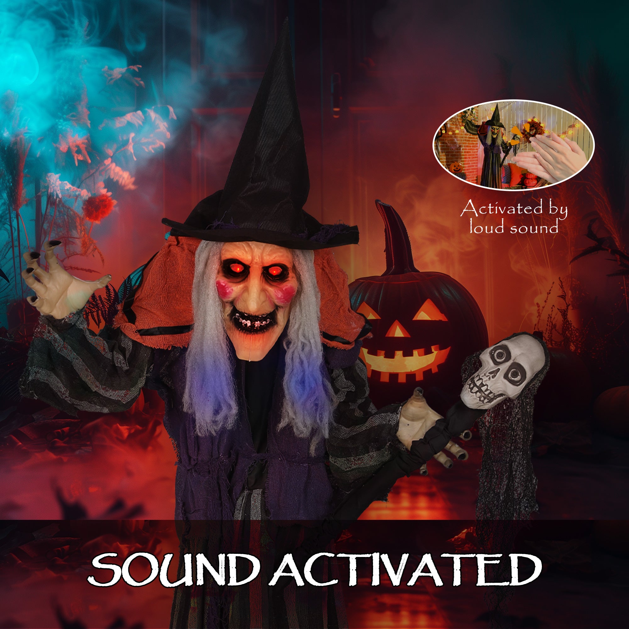 Outsunny 160 cm Life Size Halloween Animated Standing Witch & Skull Staff with Glowing LED Eyes & Head, Spooky Witch Scary Halloween Decorations, Battery Operated, Indoor Party Props