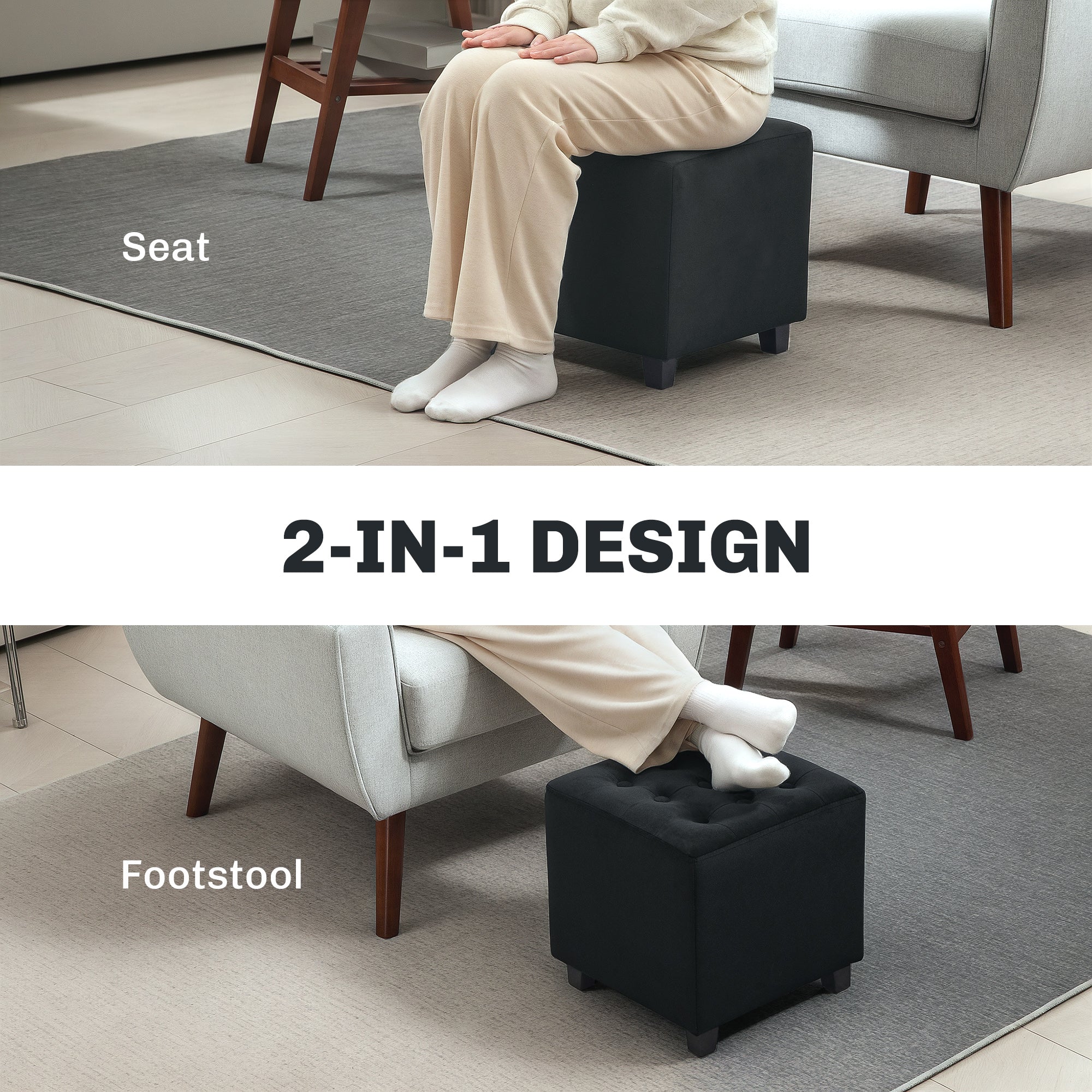 HOMCOM Velvet-Feel Square Ottoman - Grey - North Peak Garden Furniture