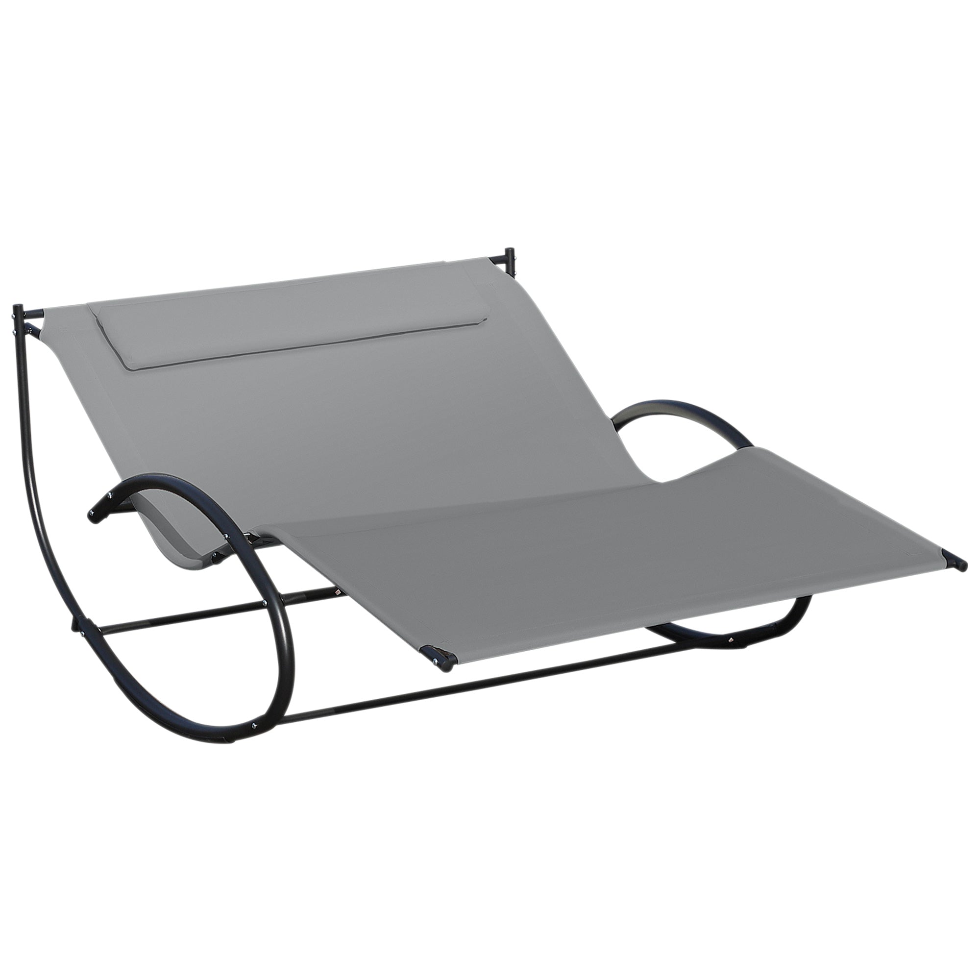 Outsunny Double Sun Lounger, Rocking Lounger Sunbed Daybed with Armrest and Headrest Pillow, for Two, For Outdoor Patio Garden, Grey - North Peak Garden Furniture