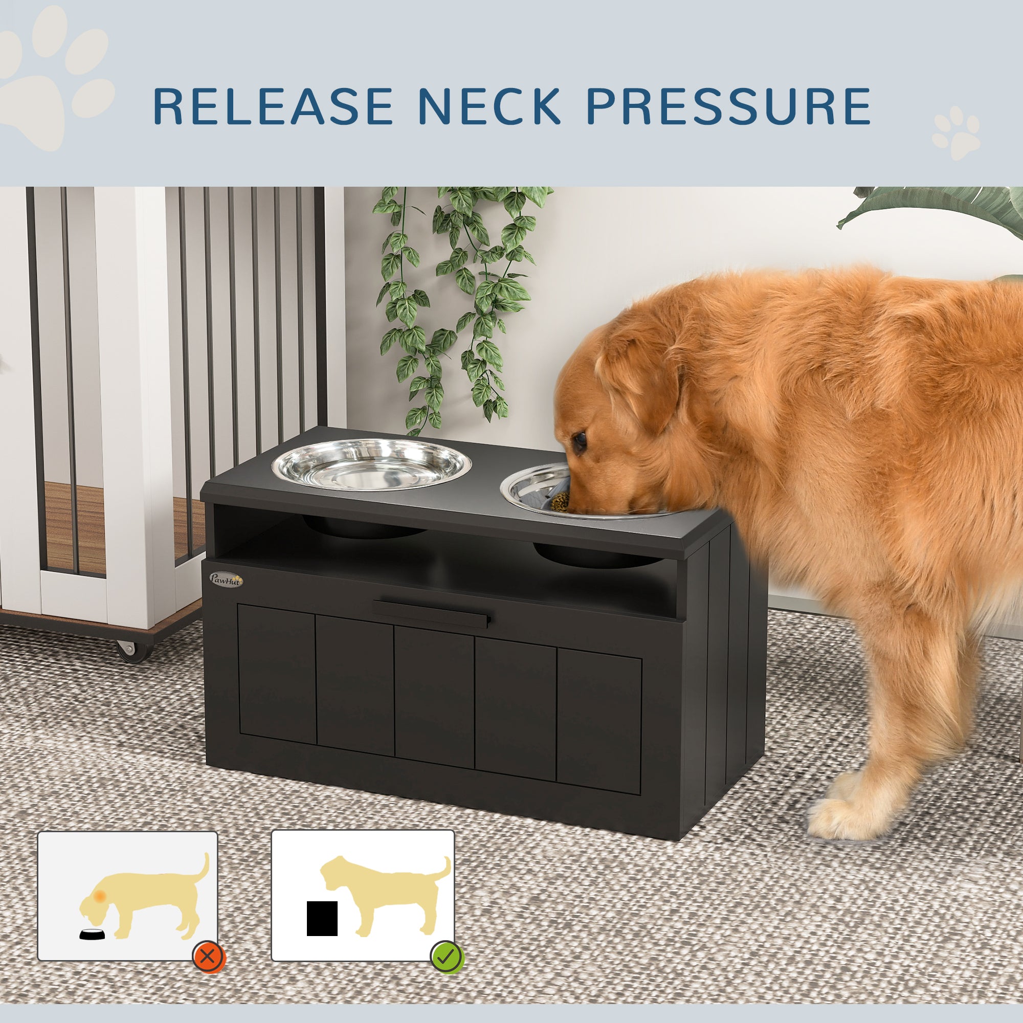 PawHut Raised Dog Bowl with Slow Feeder & 2 Stainless Steel Dog Bowl, 25L Storage Drawer, for Large & Extra Large Dogs, Black - North Peak Garden Furniture