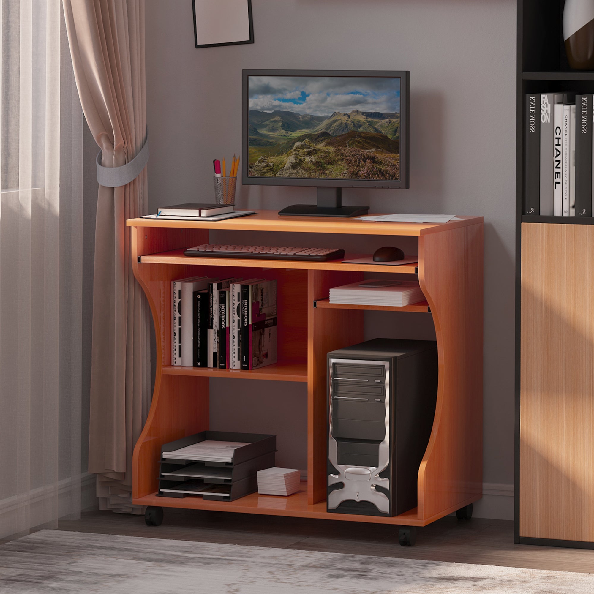 HOMCOM Movable Computer Desk with Sliding Keyboard Tray, PC Laptop Table with Storage Shelves, Workstation on Wheels, 80x48x76cm - North Peak Garden Furniture