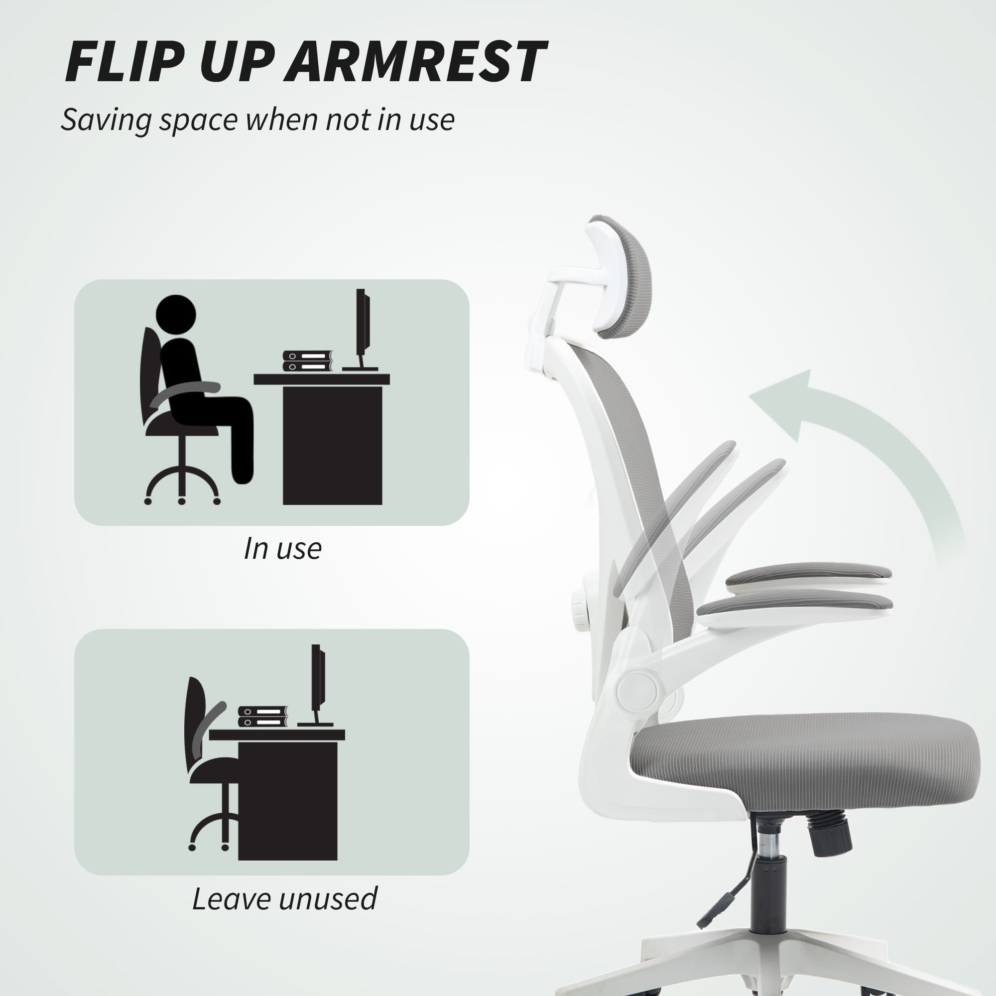 HOMCOM Executive Office Chair, Ergonomic Mesh High Back Desk Chair with Flip-up Armrest, Rotatable Headrest, Adjustable Lumbar Support, Swivel Computer Chair for Home Study, Grey - North Peak Garden Furniture