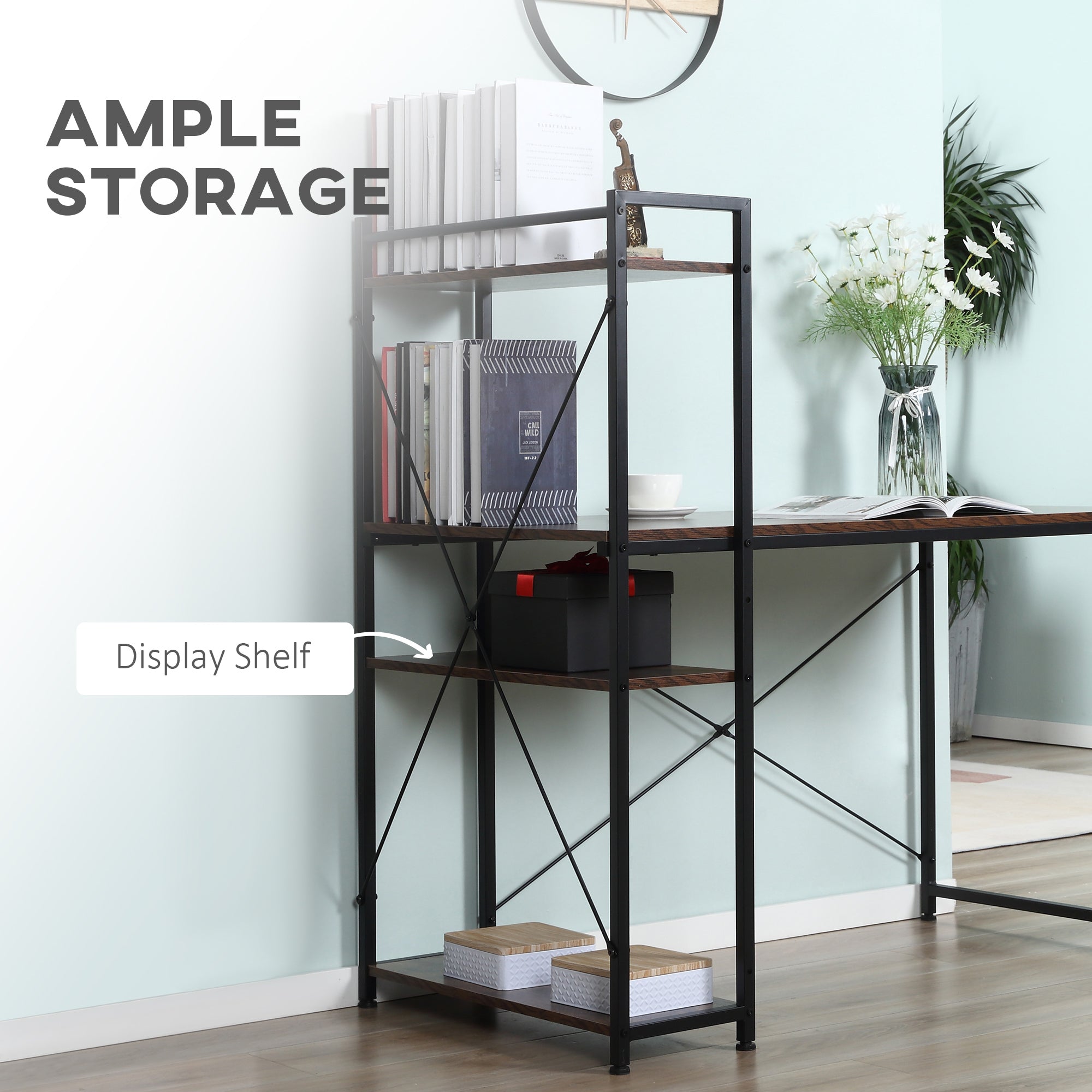 HOMCOM Reversible Computer Desk with Storage Shelves on Left or Right, Industrial Reversible Writing Desk for Home Office, Study, Easy Assembly, 120 x 64 x 121cm, Rustic Brown and Black - North Peak Garden Furniture