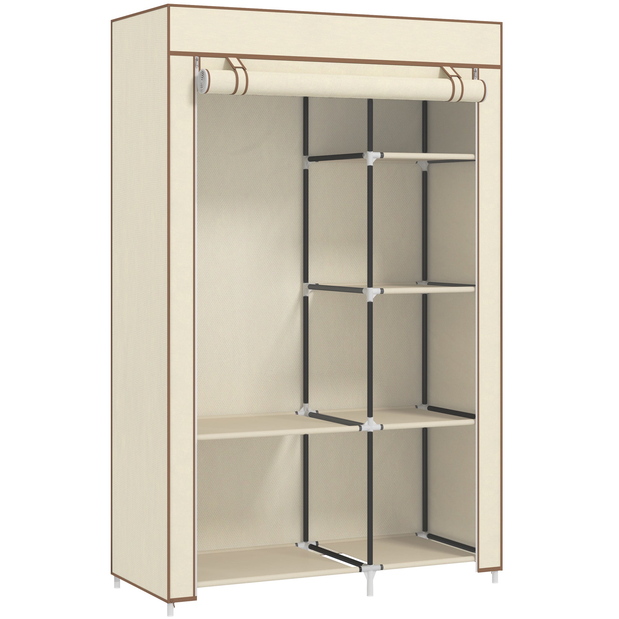 HOMCOM Fabric Wardrobe, Portable Wardrobe with 6 Shelves, 1 Hanging Rail, Foldable Closets, 103 x 43 x 162.5 cm, Cream White - North Peak Garden Furniture
