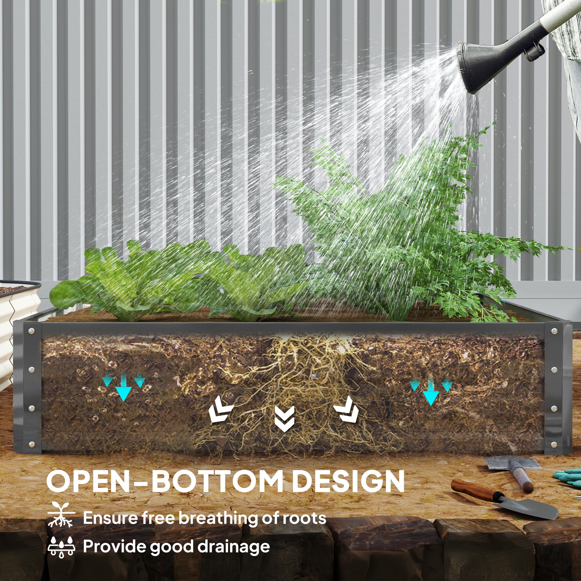 Outsunny 432L Square Raised Garden Bed Box Steel Frame for Vegetables, Flowers and Herbs, 120 x 120 x 30cm, Light Grey - North Peak Garden Furniture