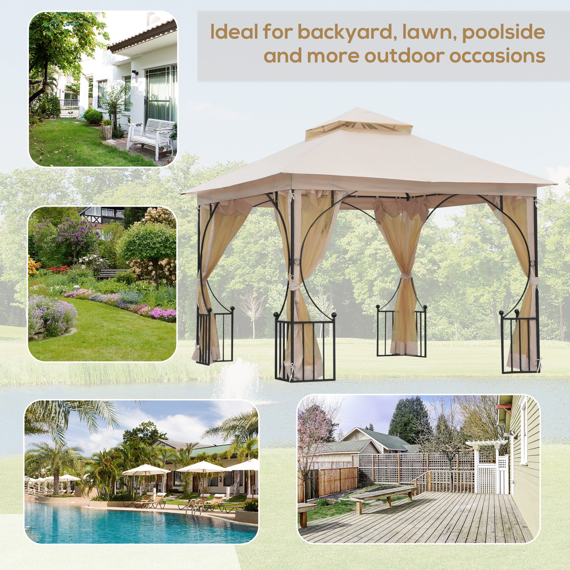 Outsunny 3 x 3(m) Garden Gazebo Patio Party Tent Shelter Outdoor Canopy Double Tier Sun Shade Metal Frame Netting Beige