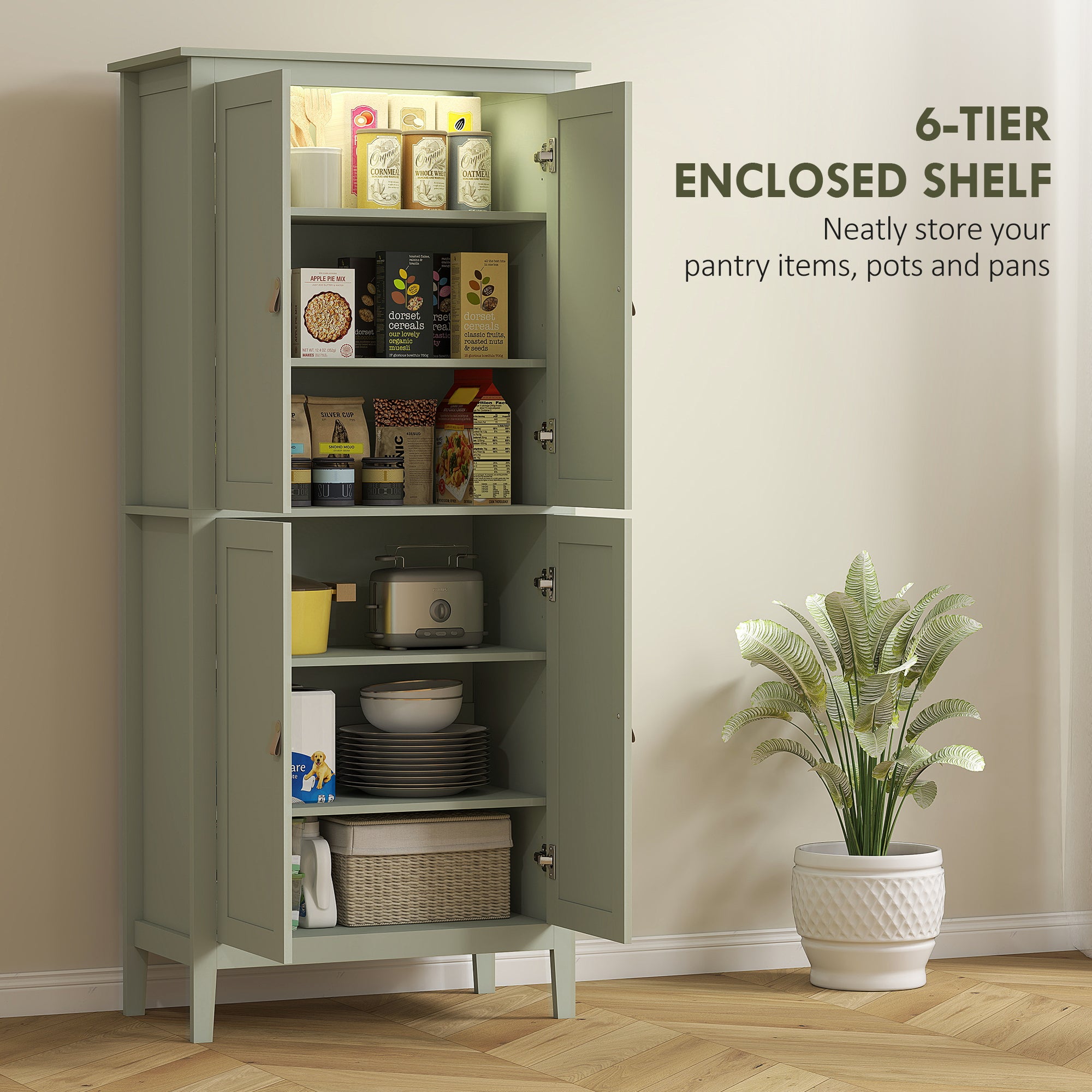 HOMCOM Tall Pantry Cupboard with Motion Sensor LED Light - Green