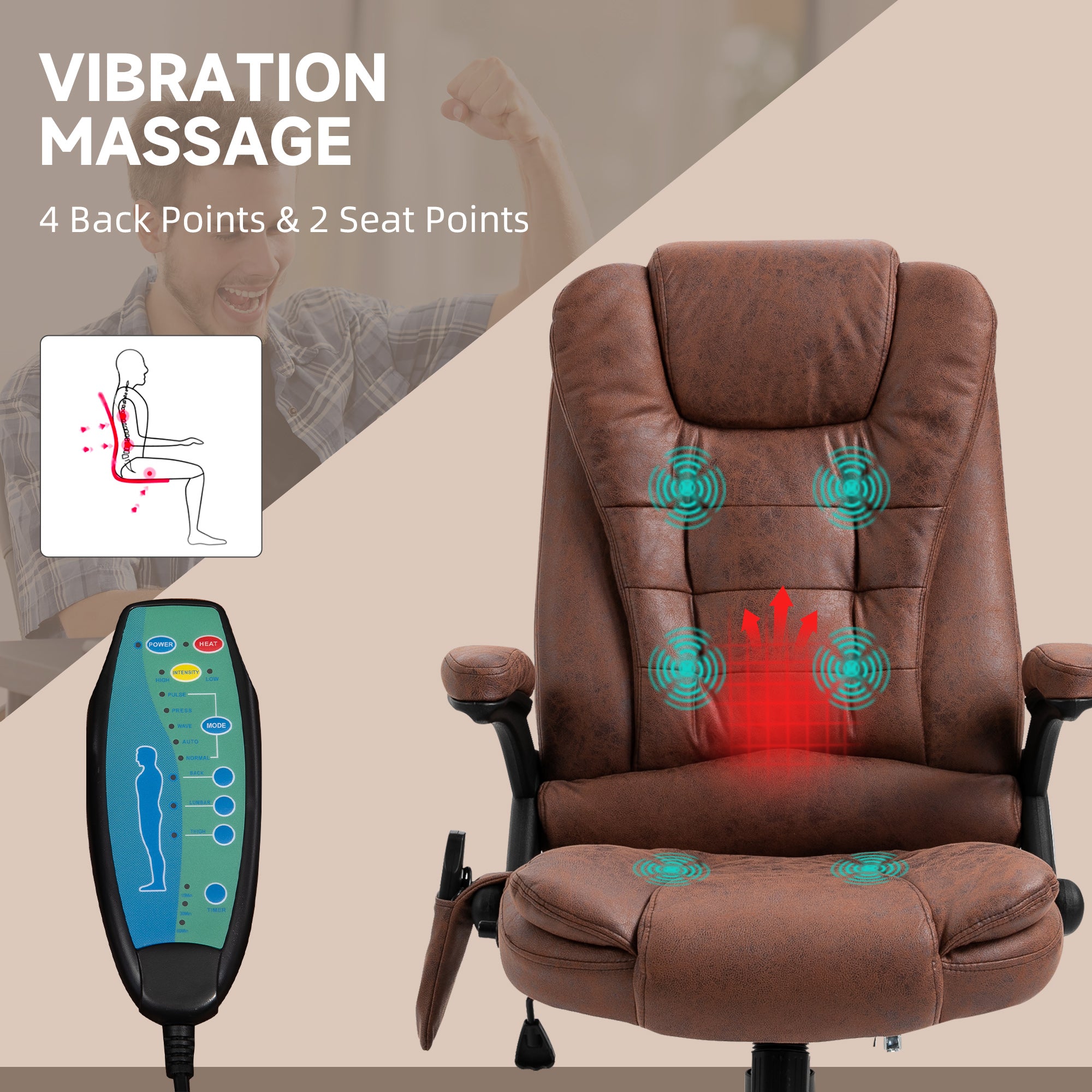 Vinsetto Massage Recliner Chair Heated Office Chair with Six Massage Points Microfiber Cloth 360° Swivel Wheels Brown - North Peak Garden Furniture