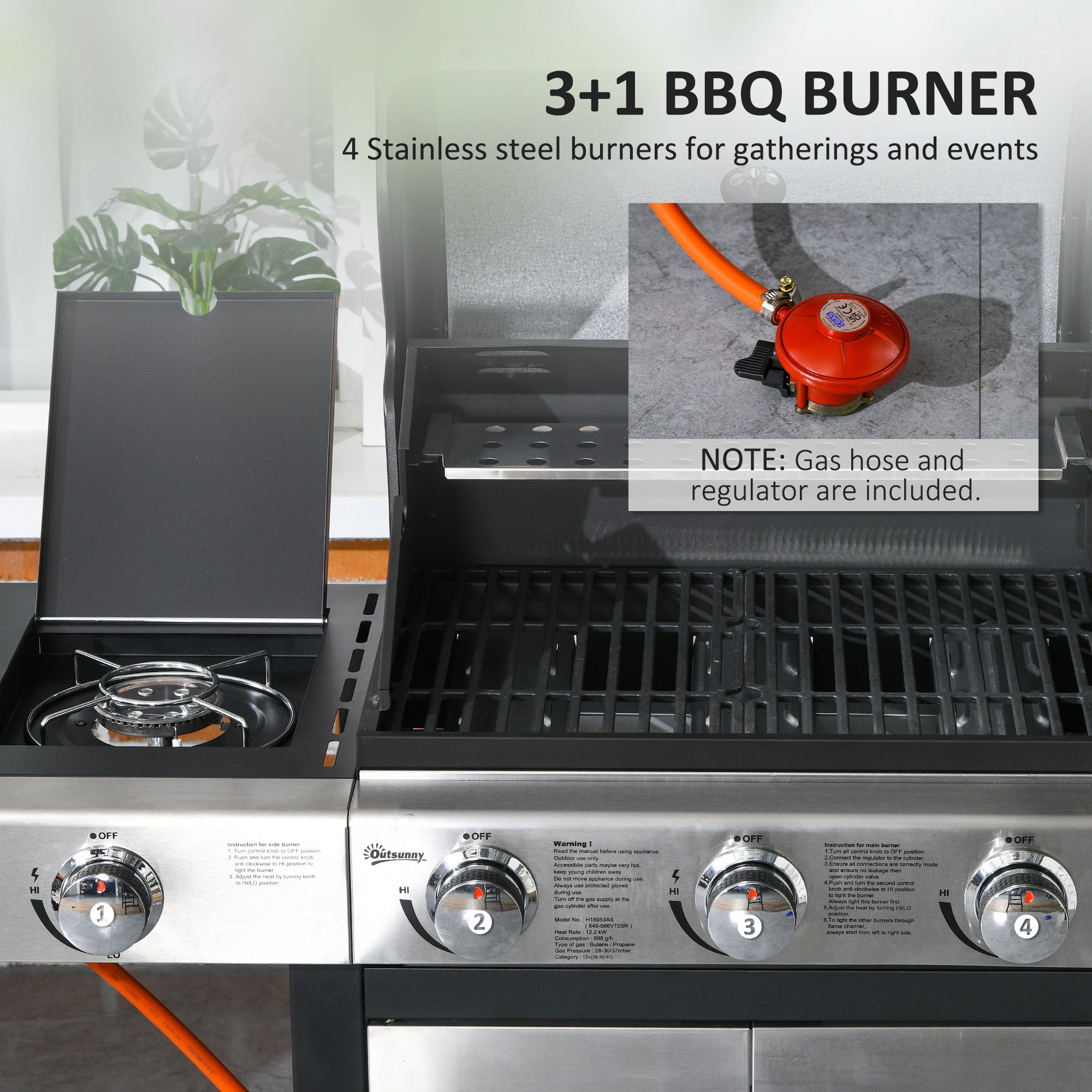 Outsunny Gas Barbecue Grill 3+1 Burner Garden Smoker BBQ Trolley w/ Side Burner Warming Rack Side Shelves Storage Cabinet Piezo Ignition Thermometer Stainless Steel + Metal - North Peak Garden Furniture