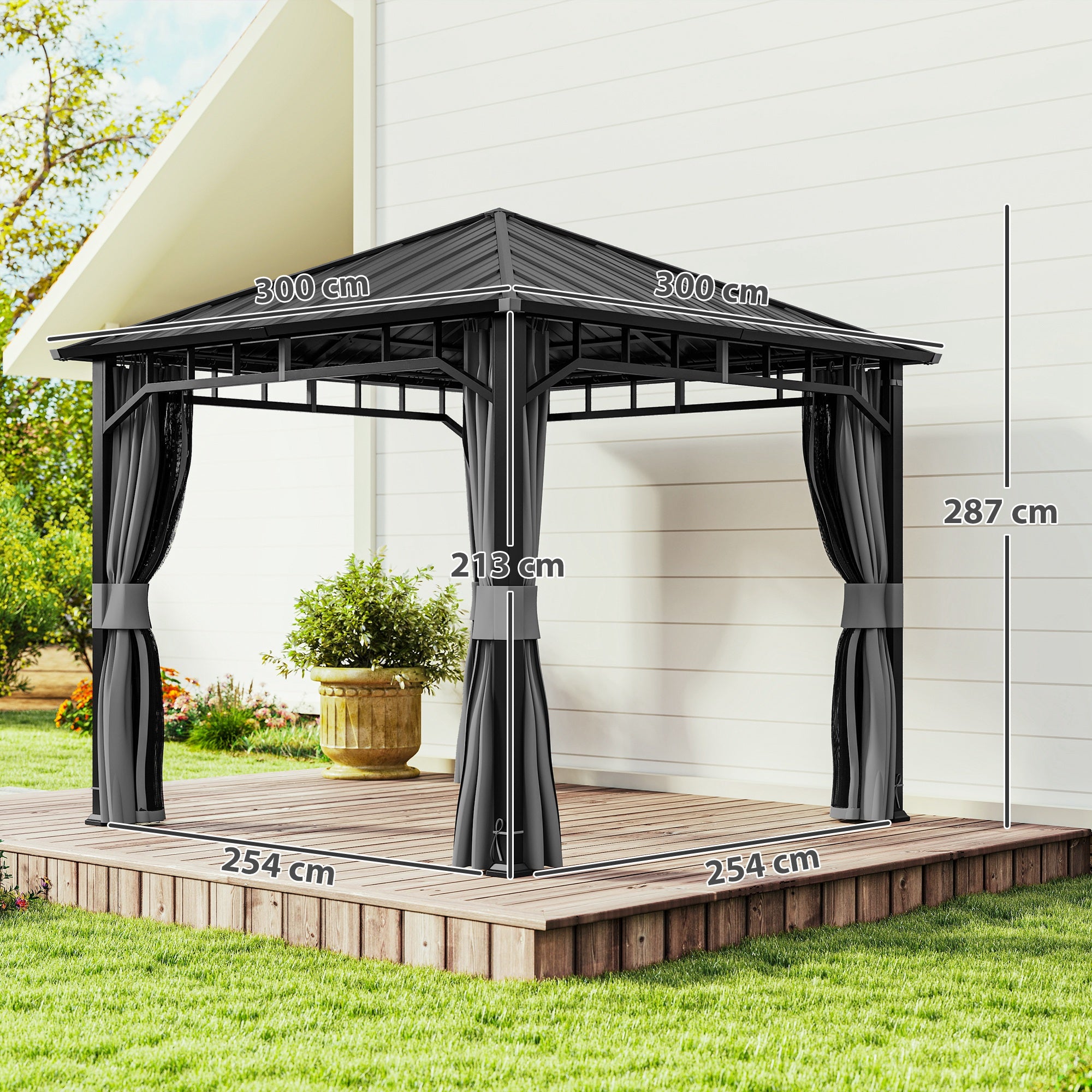 Outsunny 3 x 3(m) Hardtop Gazebo with Galvanised Steel Roof, Waterproof Permanent Pavilion Garden Gazebo with Netting and Curtains for Patio, Deck