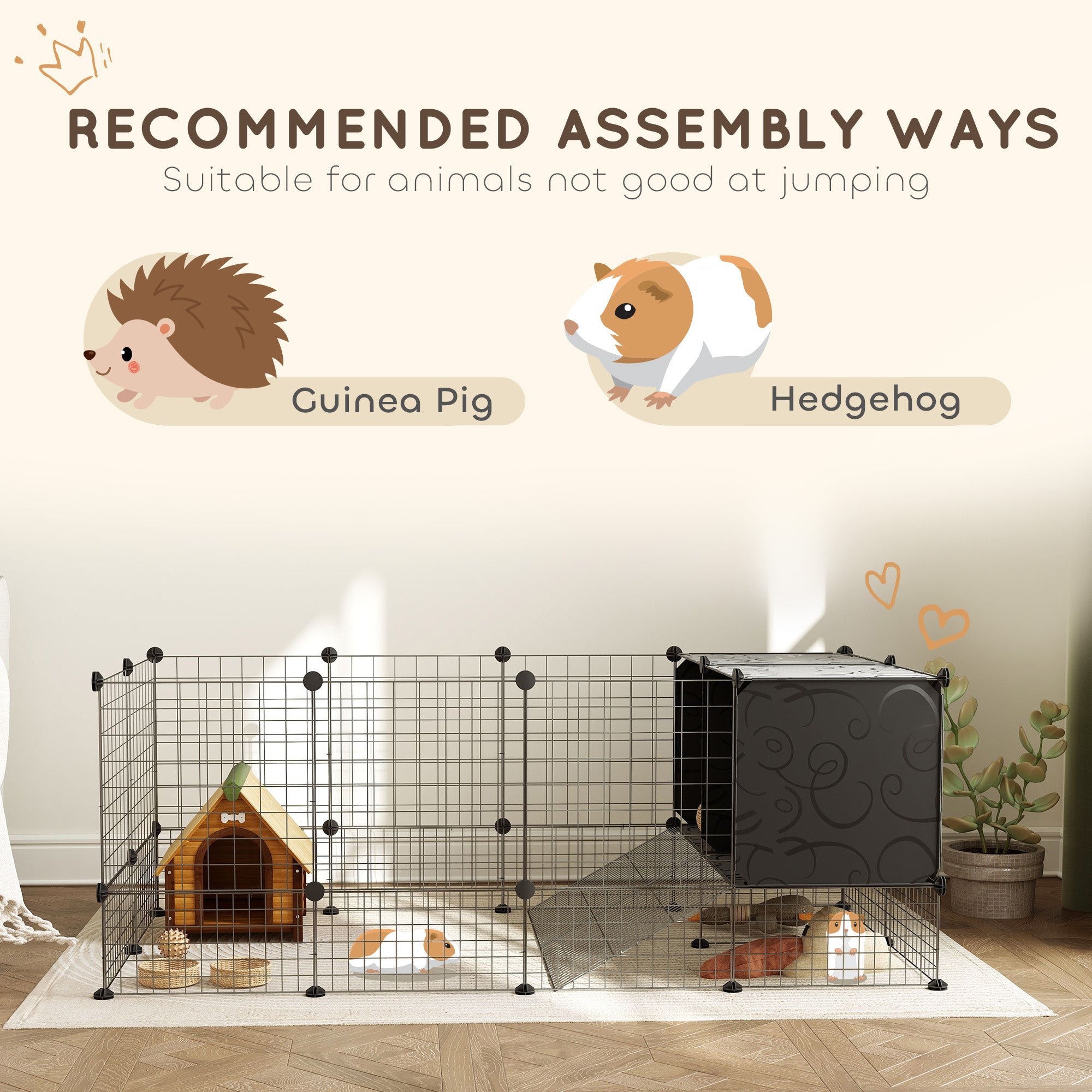 PawHut DIY Small Animal Cage with Elevated Huts, C&C Cage for Guinea Pigs, Hedgehogs, Rabbits, 31 Panels, Black - North Peak Garden Furniture