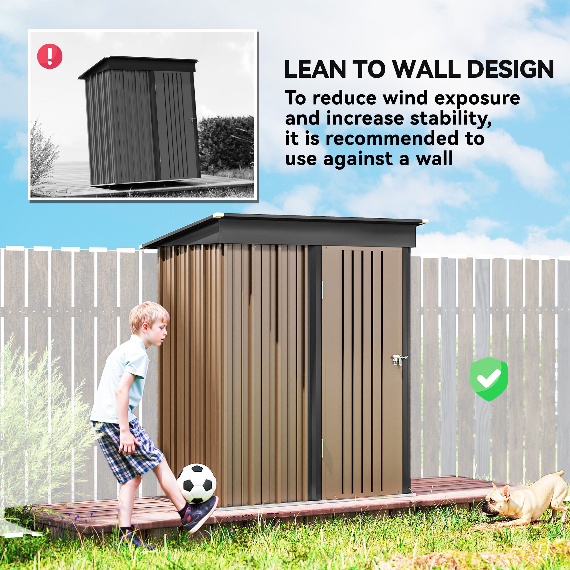 Outsunny Metal Garden Shed, Outdoor Lean-to Shed for Tool Motor Bike, with Adjustable Shelf, Lock, Gloves, 5'x3'x6', Brown