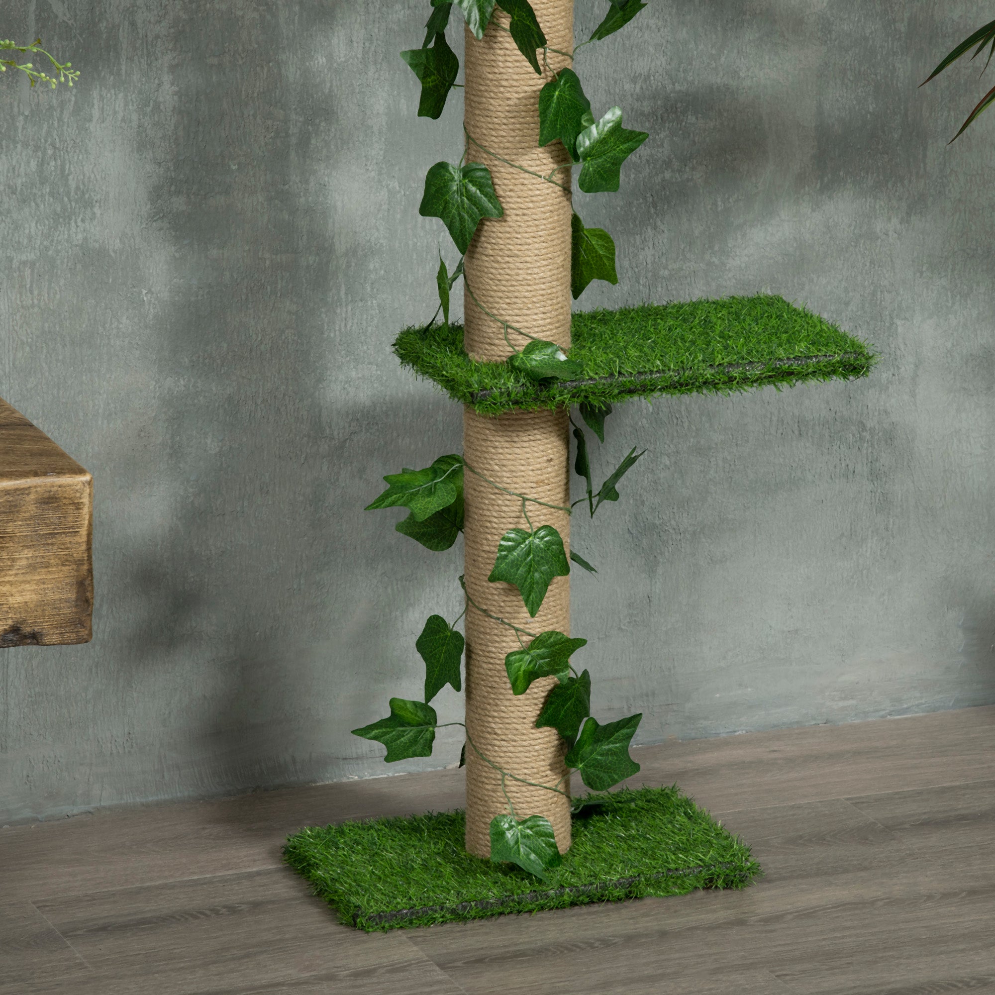 PawHut 242cm Adjustable Floor-To-Ceiling Cat Tree, with Artificial Decoration, Perches, Anti-Slip Kit - Green - North Peak Garden Furniture