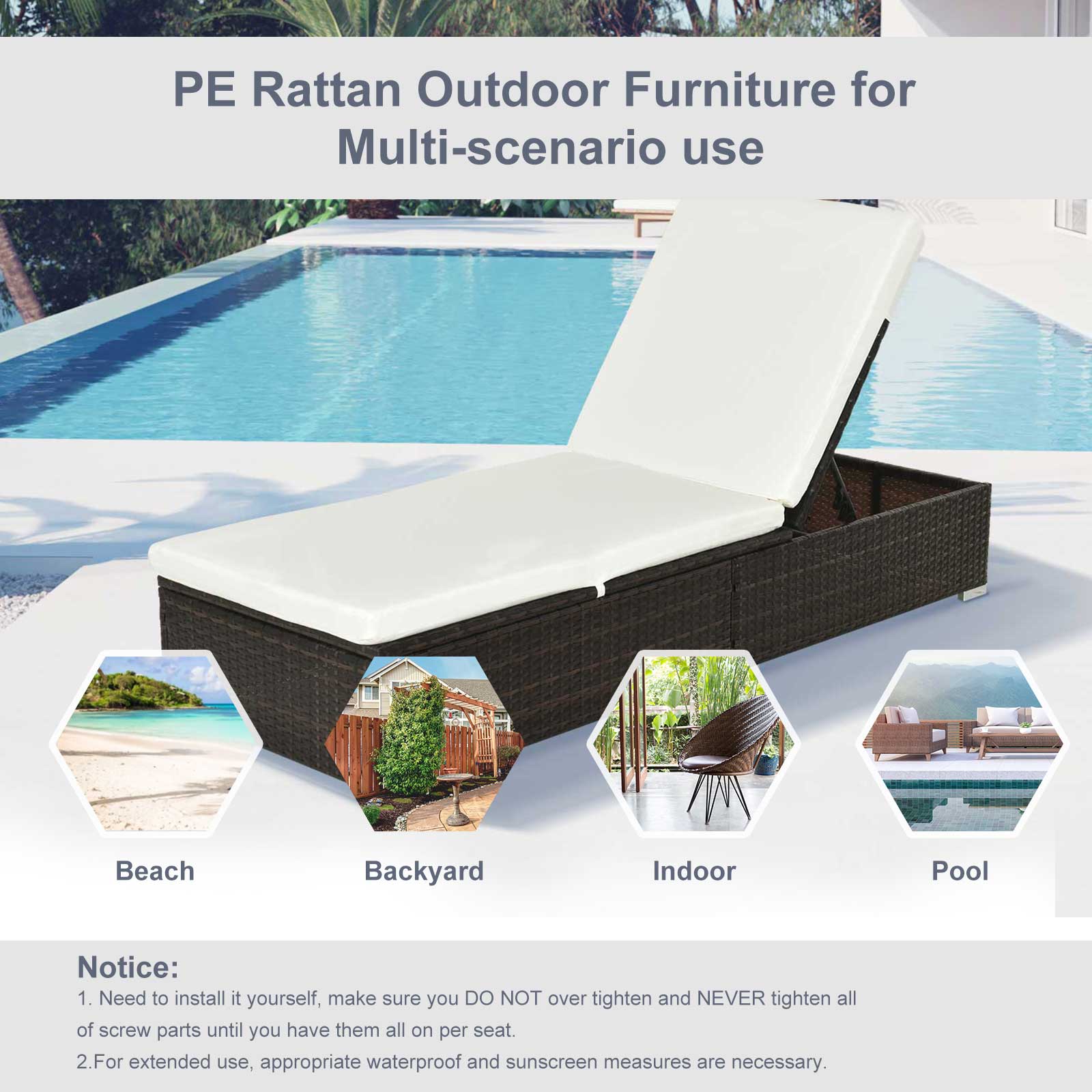 Outsunny PE Rattan Sun Lounger, Five-level Adjustable Recliner Bed Chair with Soft Padded Cushion for Patio, Garden, Mixed Brown - North Peak Garden Furniture
