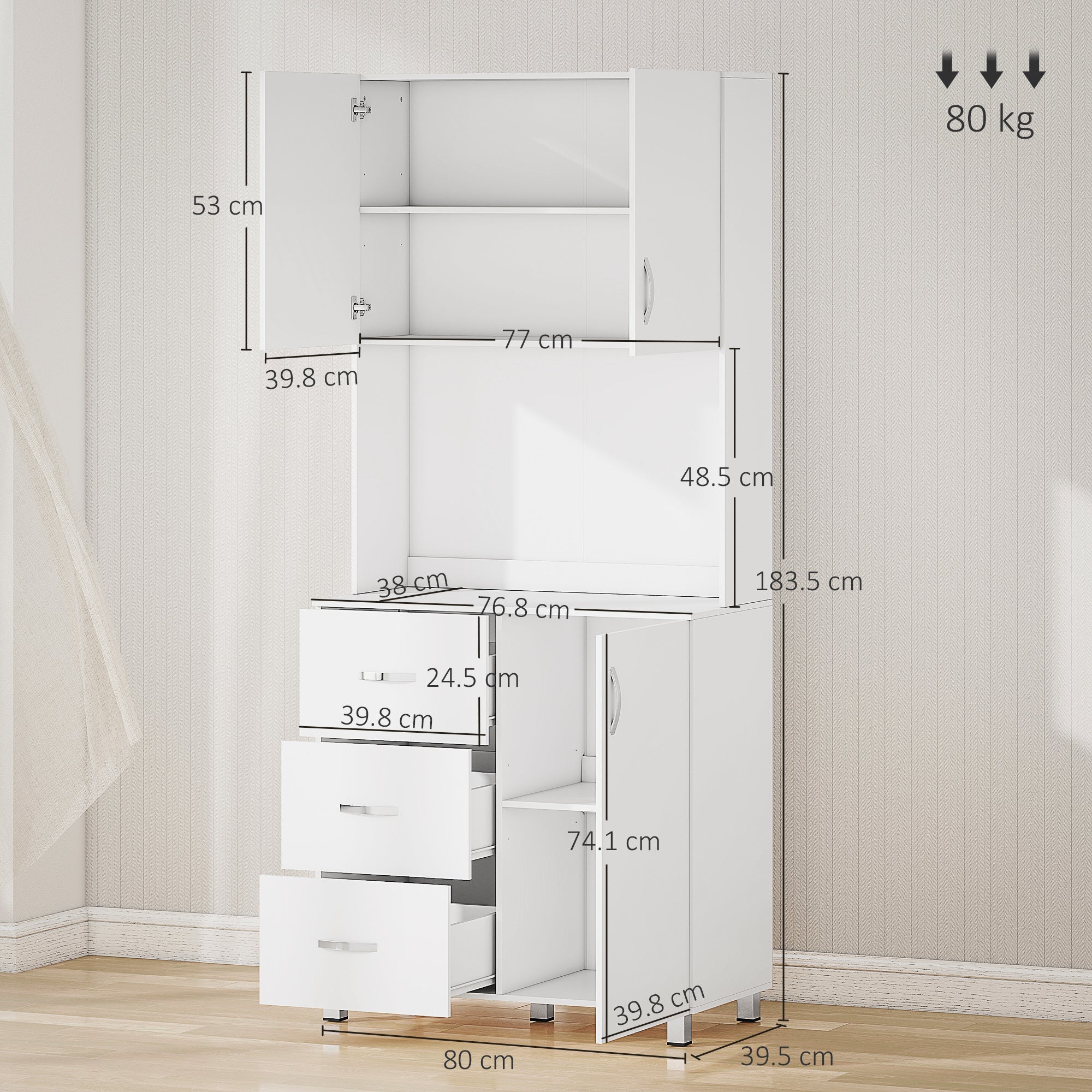 HOMCOM Free standing Kitchen Cupboard, Storage Cabinet with Doors and Sheleves, 3 drawers and Open Space, Adjustable Height Storage Unit, White - North Peak Garden Furniture