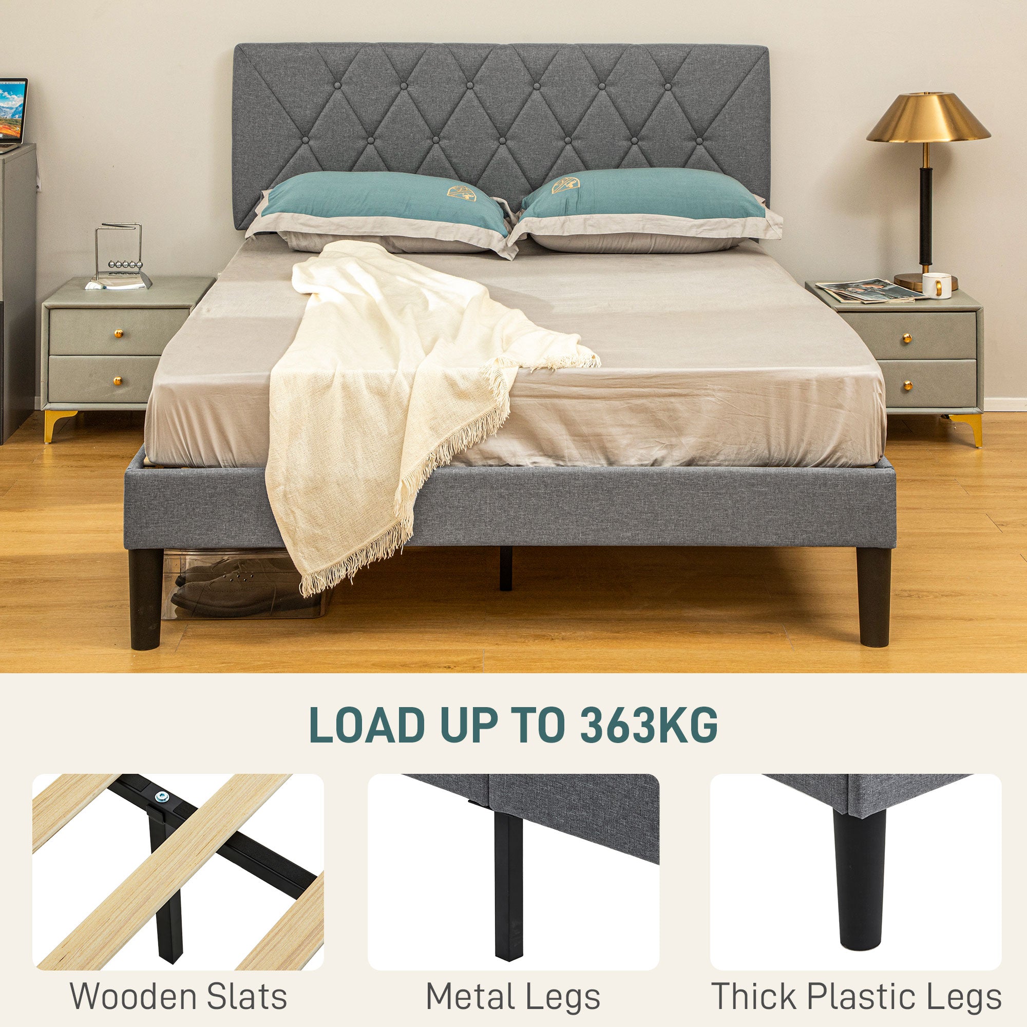 HOMCOM King Size Padded Fabric Headboard Bed Frame - Grey - North Peak Garden Furniture