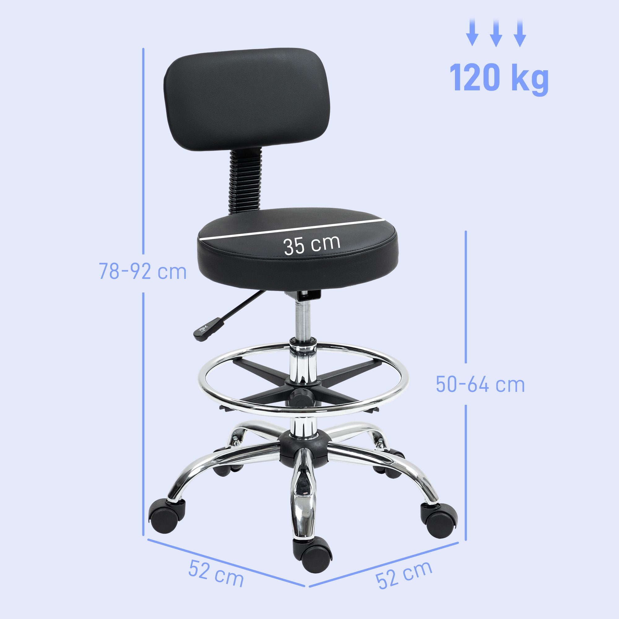 HOMCOM Draughtsman Chair, Faux Leather Height Adjustable Stool with Footrest, 360° Swivel Chair for Study and Bedroom, Black - North Peak Garden Furniture
