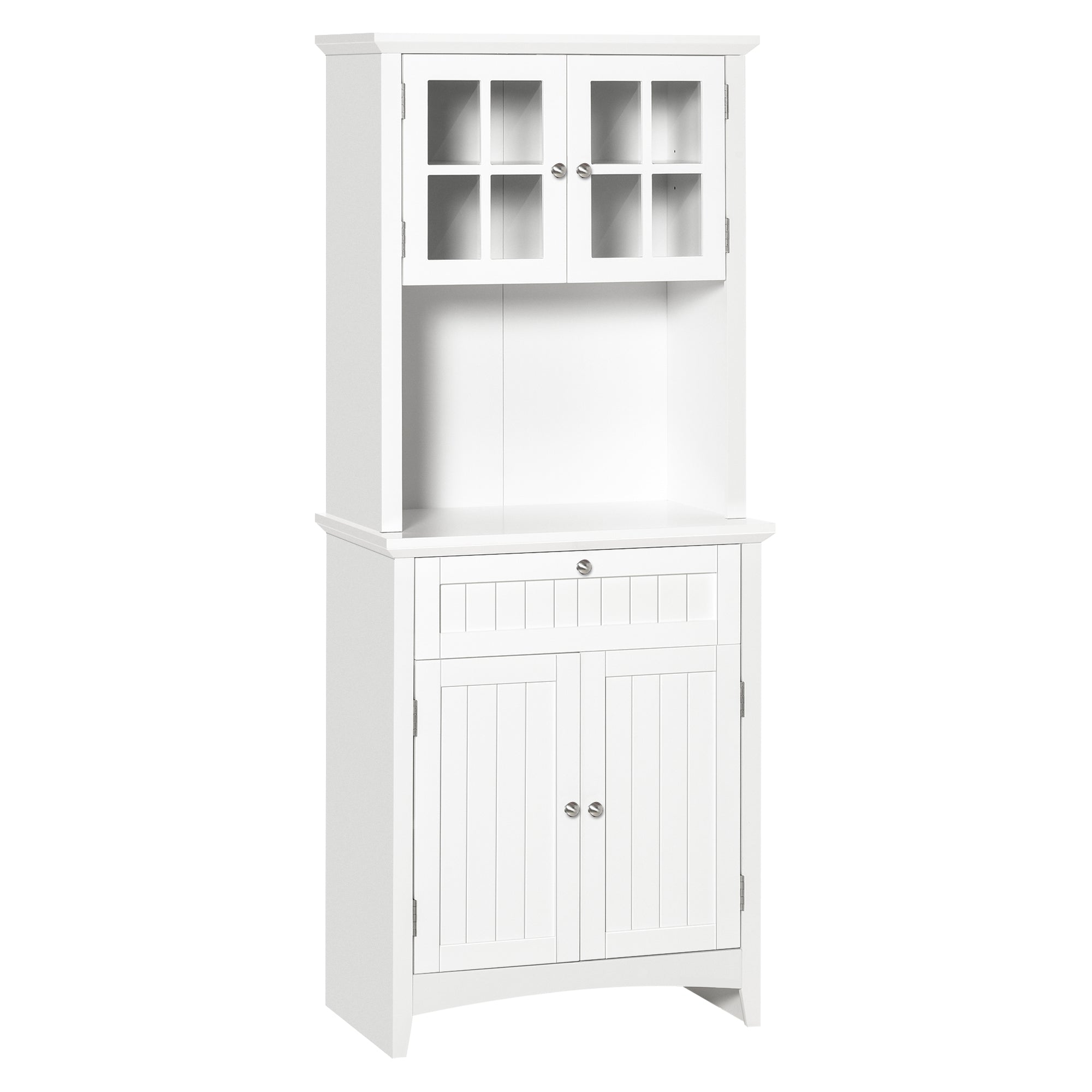 HOMCOM Kitchen Cupboard, Wooden Storage Cabinet with Framed Glass Door, Drawer, Microwave Space for Dining and Living Room, White - North Peak Garden Furniture