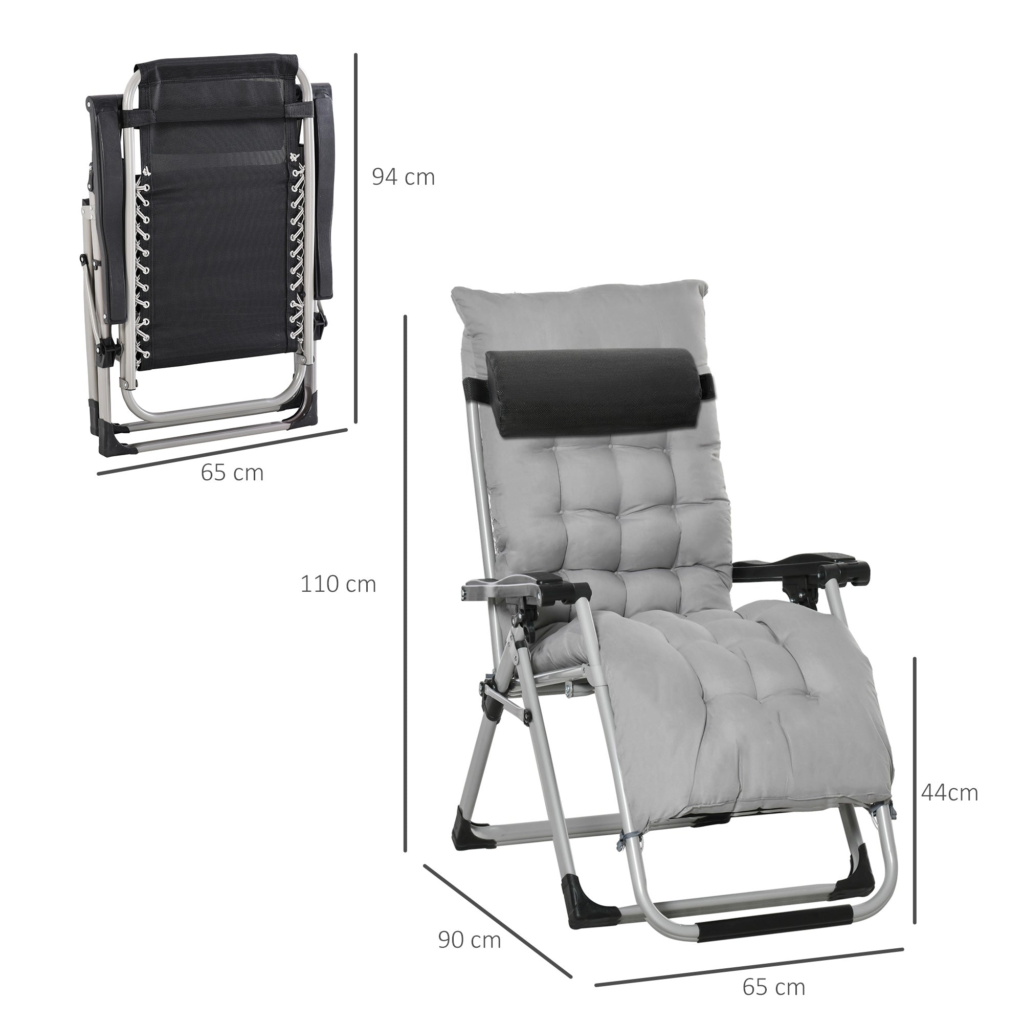 Outsunny 2 Piece Reclining Zero Gravity Chair Metal Frame Folding Garden Sun Lounger with Cushion Headrest, Light Grey - North Peak Garden Furniture