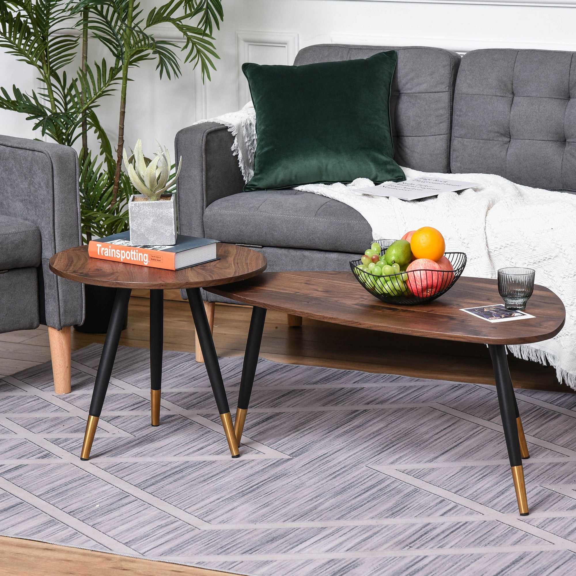 HOMCOM Set of Two Scandinavian-Style Coffee Tables - Walnut - North Peak Garden Furniture