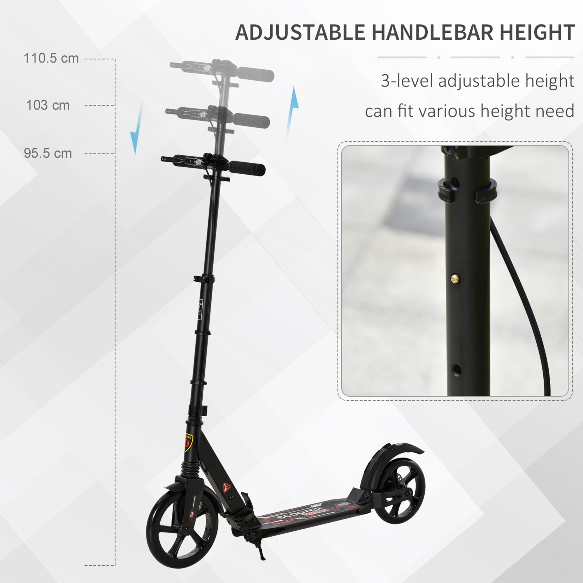 HOMCOM Kick Scooter, Folding 2 Wheel Scooter for 14+ Teens Adults, with Dual Brake System, Dual Suspension, 230mm Big Wheels, 3 Adjustable Handlebar, up to 100KG, Black - North Peak Garden Furniture