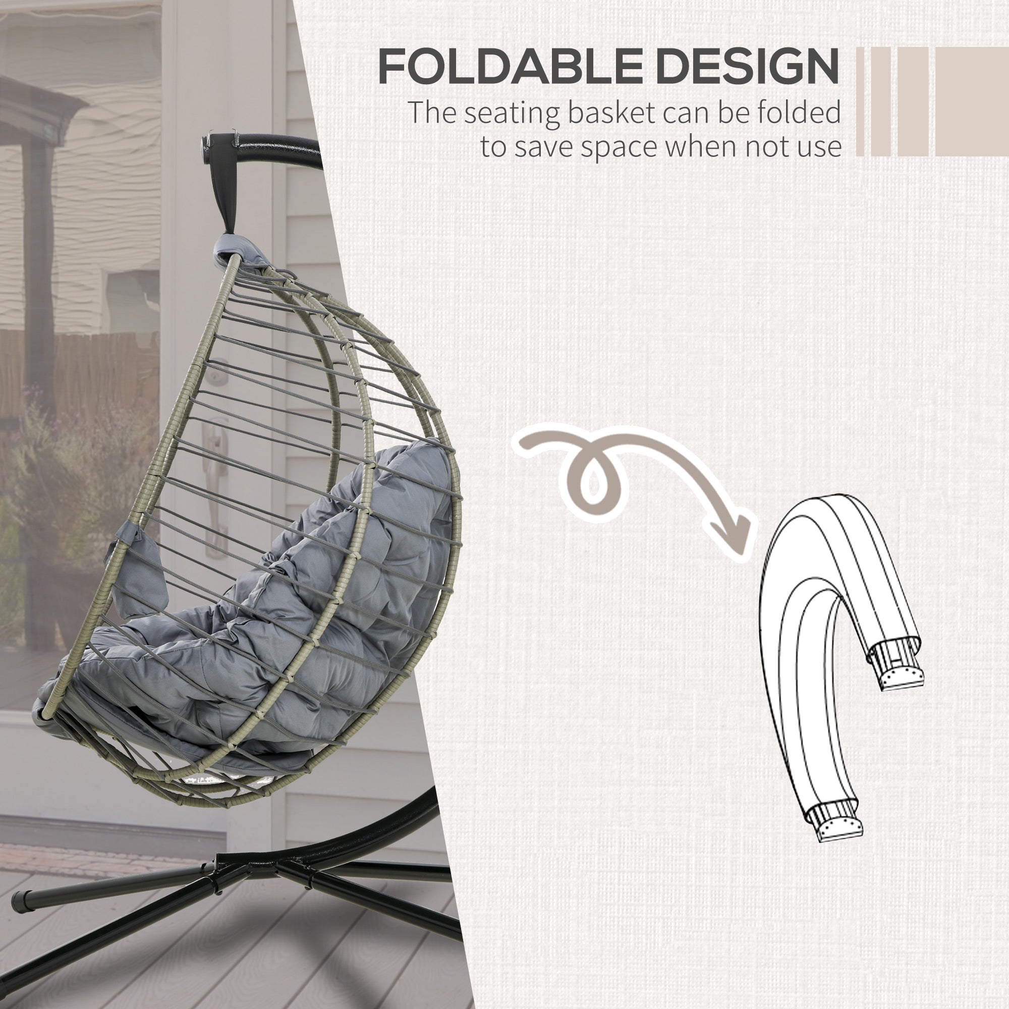Outsunny PE Rattan Swing Chair, Outdoor Hanging Chair with Metal Stand, Thick Padded Cushion, Foldable Basket and Cup Holder, for Indoor and Outdoor, Grey - North Peak Garden Furniture