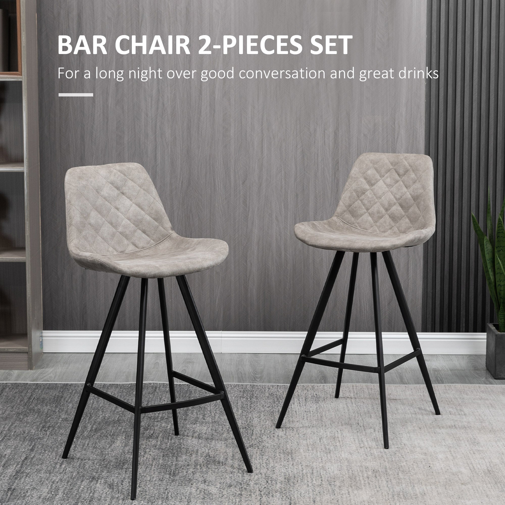 HOMCOM Set Of 2 Bar Stools Vintage Microfiber Cloth Tub Seats Padded Comfortable Steel Frame Footrest Quilted Home Bar Cafe Kitchen Chair Stylish Grey - North Peak Garden Furniture