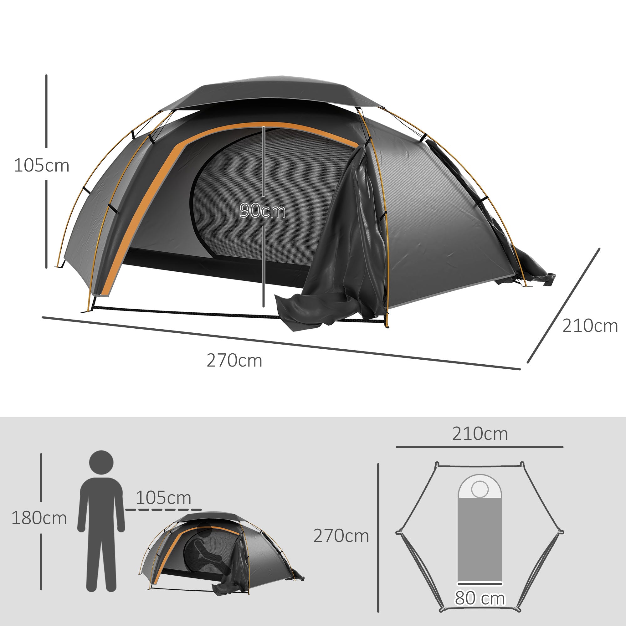 Outsunny Aluminium Frame Camping Tent Dome Tent with Removable Rainfly, 2000mm Waterproof, for 1-2 Man, Grey - North Peak Garden Furniture