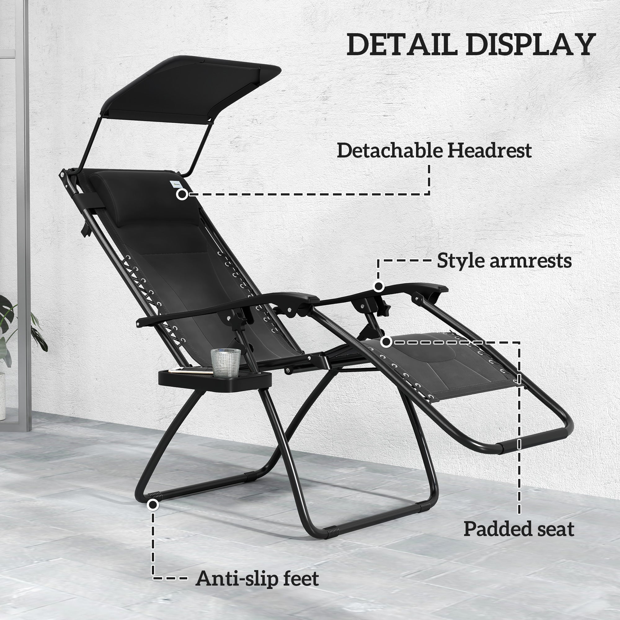 Outsunny Zero Gravity Lounger Chair Set of 2, Folding Reclining Patio Chair with Shade Cover, Padded Seat, Cup Holder, Soft Cushion and Headrest for Poolside, Camping, Black - North Peak Garden Furniture