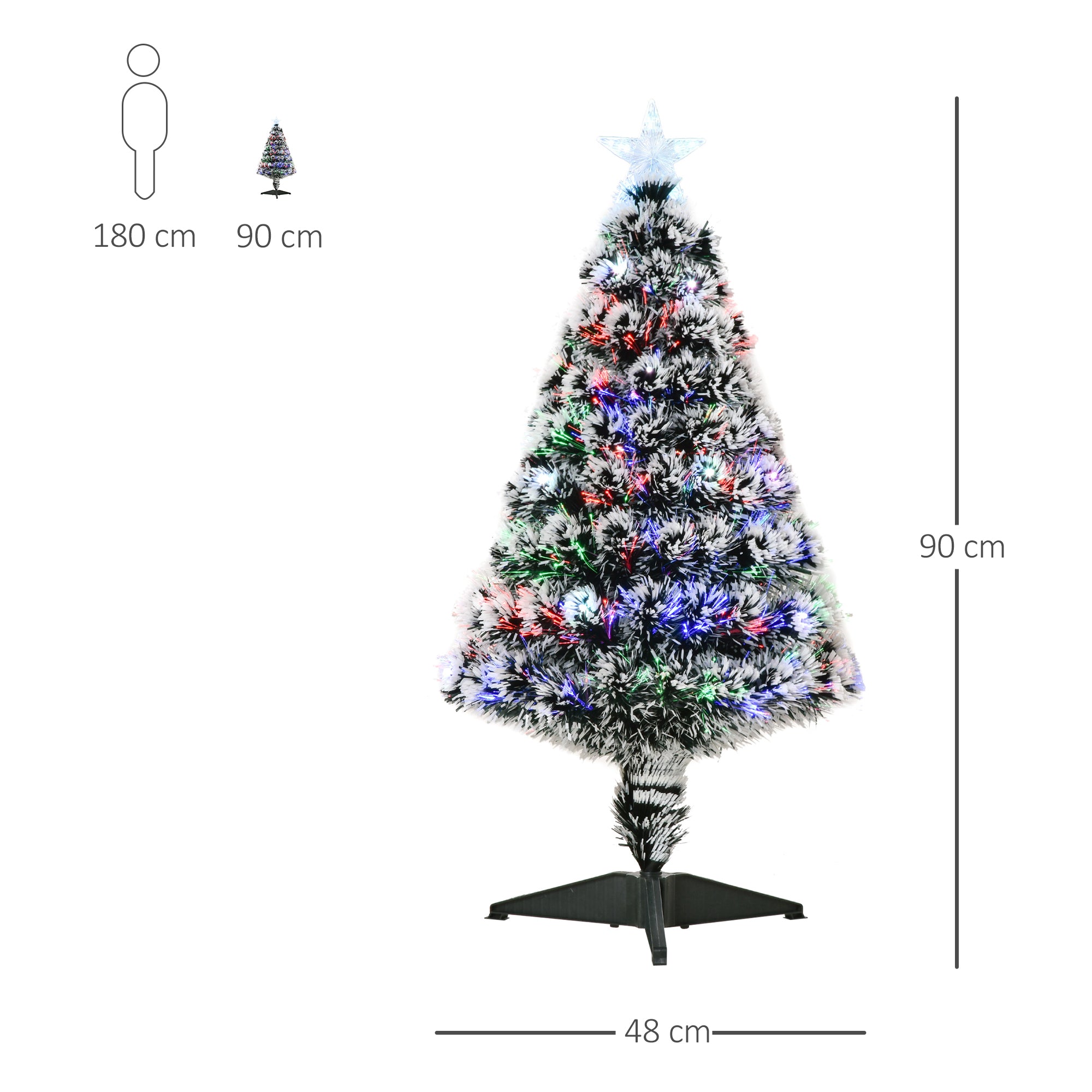 HOMCOM 3ft Artificial Prelit Christmas Tree, Snow Xmas Tree with Colourful LED Lighting Fiber Optics, Green White - North Peak Garden Furniture