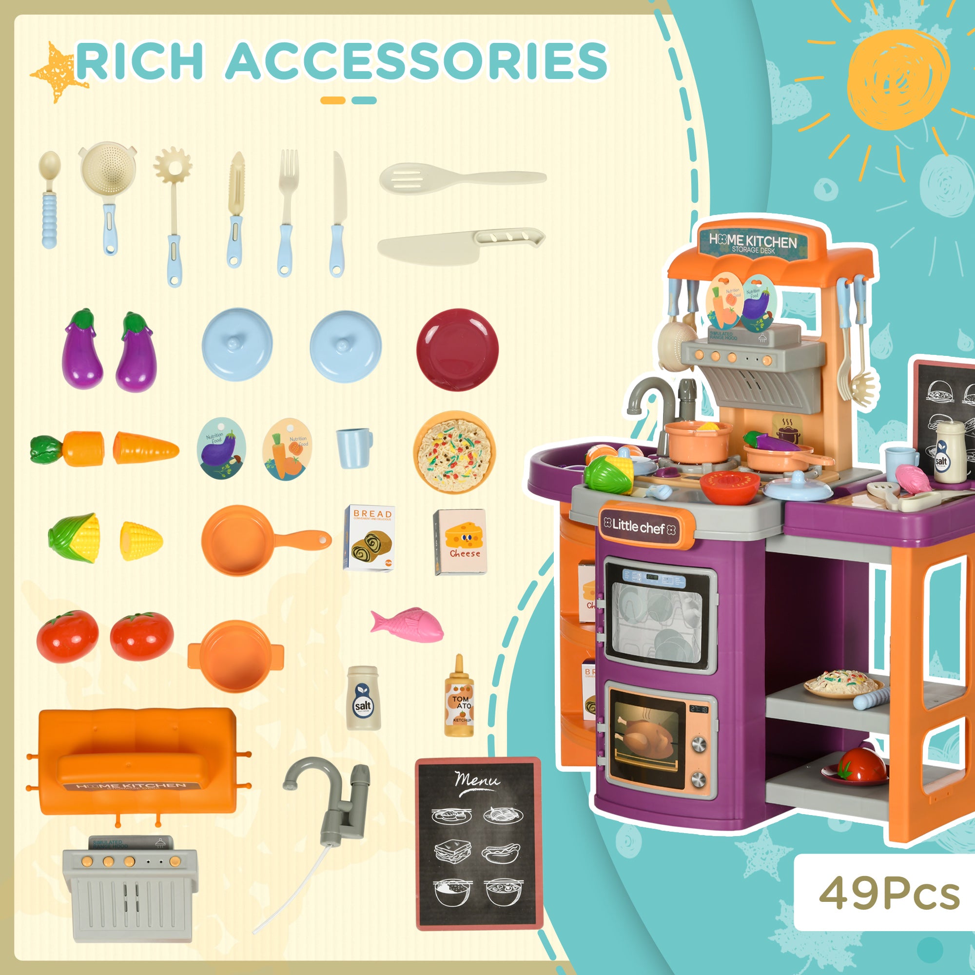 Aiyaplay Culinary Playset: Illuminated Kitchen Trolley with Realistic Sounds, Water Spritz & 49 Accessories for Budding Chefs, Multicoloured