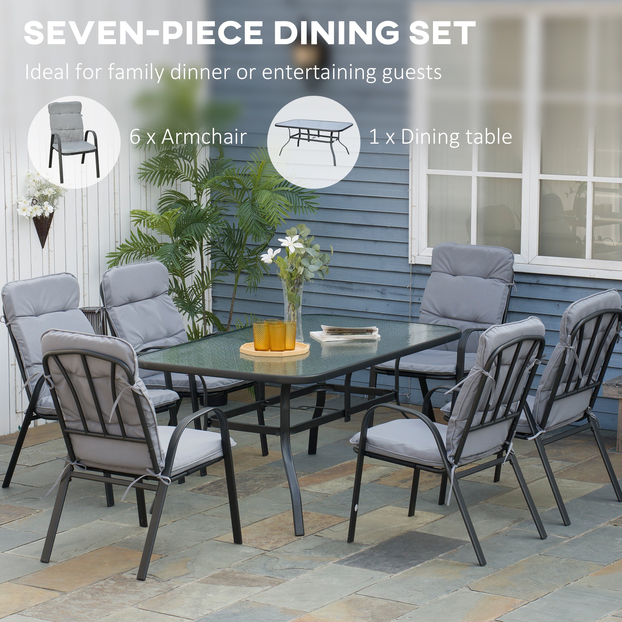 Outsunny 7 Piece Garden Dining Set, Outdoor Dining Table and 6 Cushioned Armchairs, Tempered Glass Top Table w/ Umbrella Hole, Texteline Seats, Grey - North Peak Garden Furniture