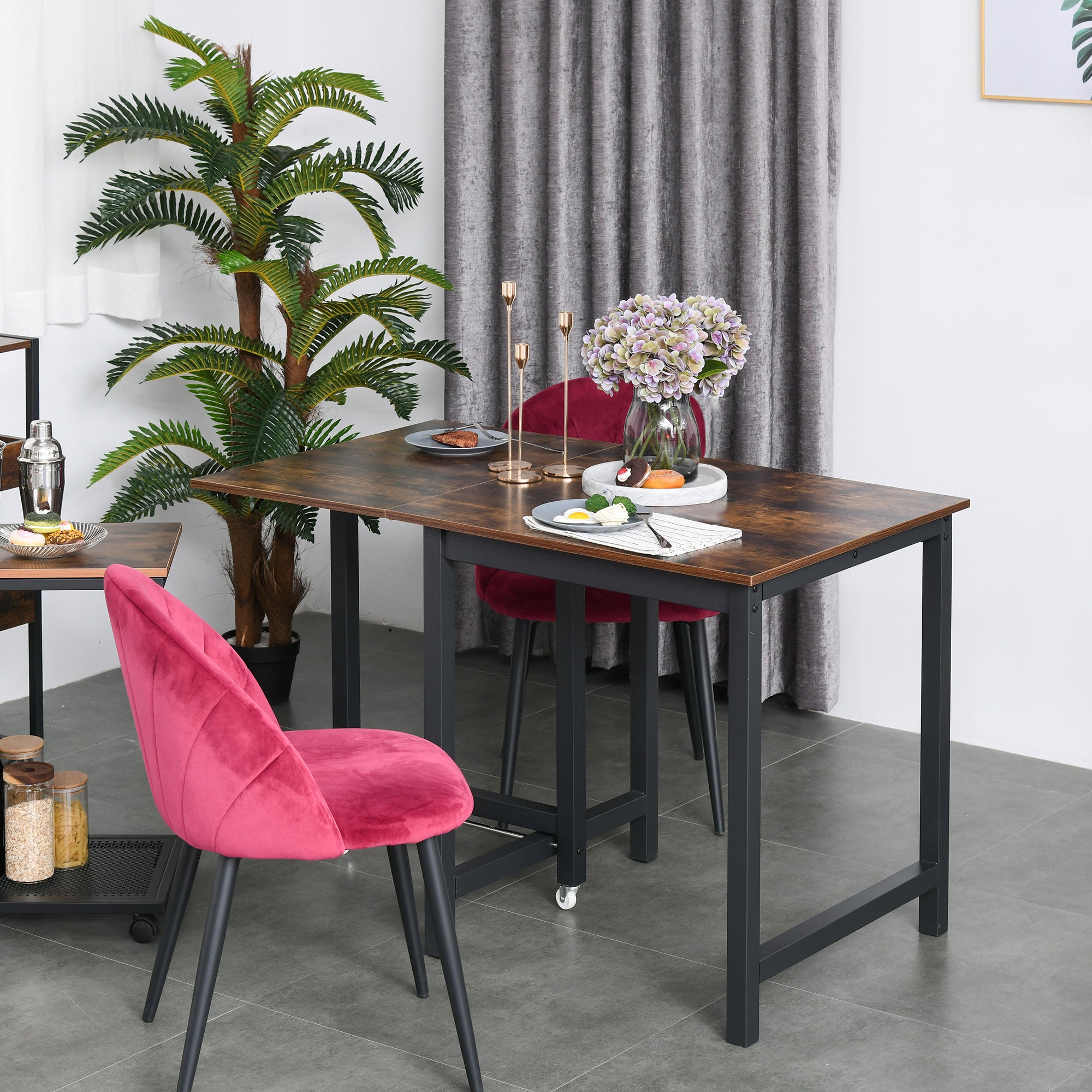 HOMCOM Folding Dining Table, Industrial Drop Leaf Table with Wheels and Metal Frame for Kitchen, Dining Room, Space Saving, Rustic Brown - North Peak Garden Furniture