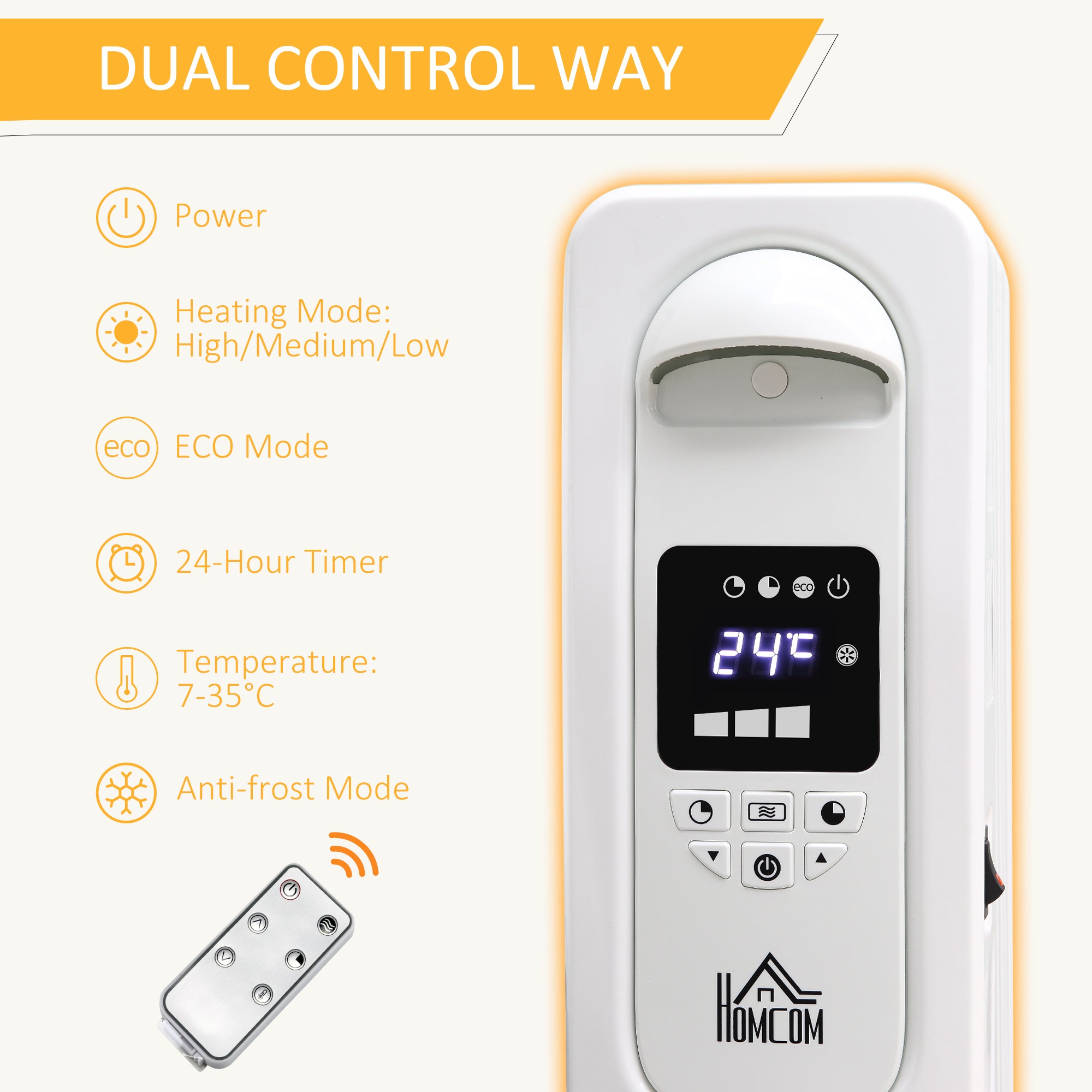 HOMCOM 1500W Digital Oil Filled Radiator, 7 Fin, Portable Electric Heater with LED Display, Built-in Timer, 3 Heat Settings, Safety Cut-Off and Remote Control, White - North Peak Garden Furniture