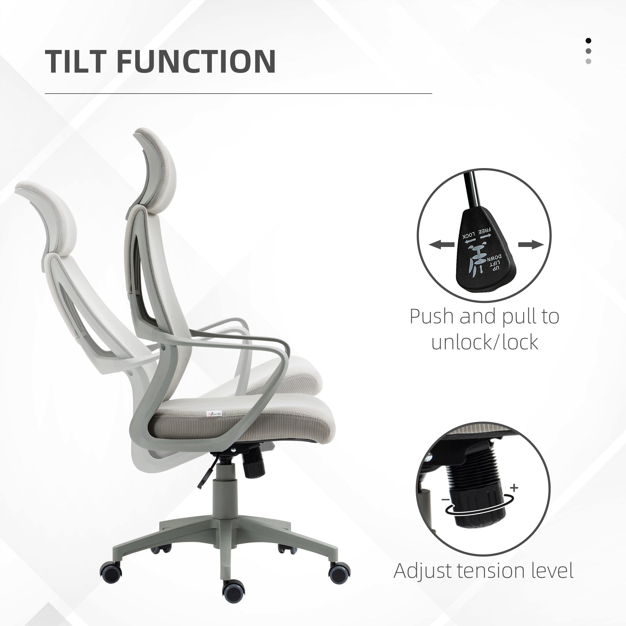Vinsetto Ergonomic Office Chair, High Back Computer Chair, Mesh Desk Chair with Lumbar Support, Headrest, Wheel, Adjustable Height, Grey - North Peak Garden Furniture