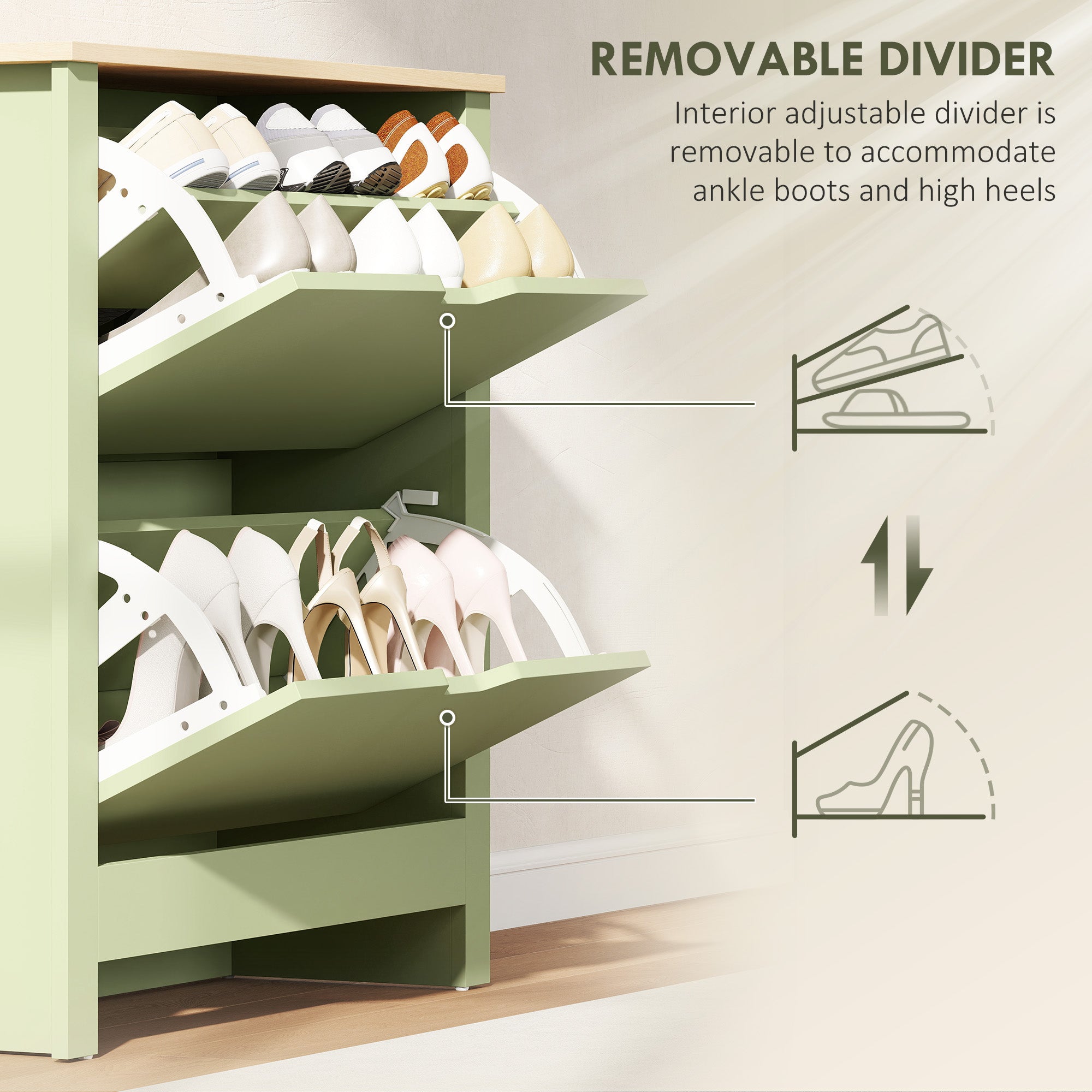 HOMCOM Slim Shoe Cabinet, Narrow Shoe Cupboard with 2 Flip Drawers, Adjustable Shelves for 12 Pairs of Shoes, Green