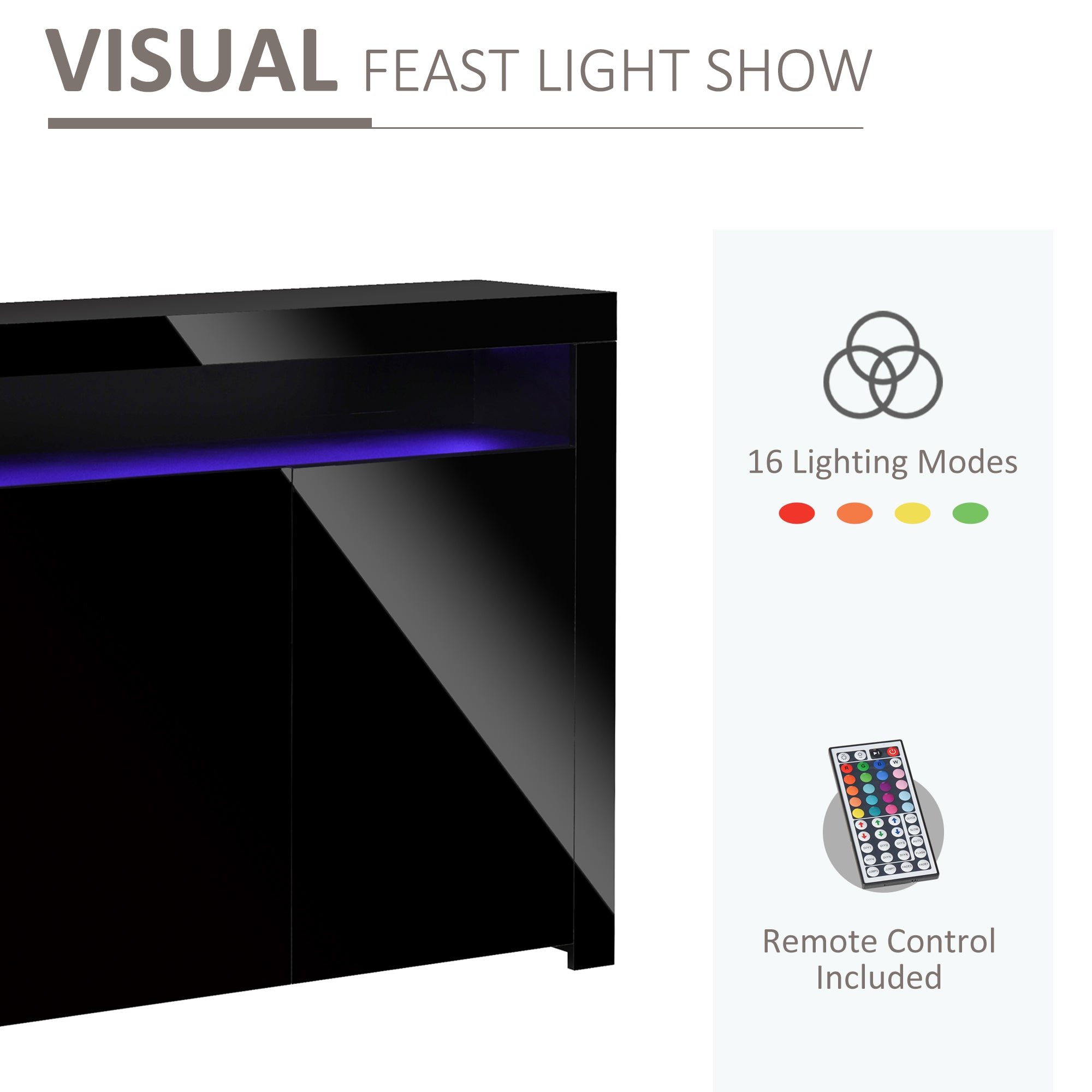 HOMCOM LED Storage Cabinet, Cupboard with High Gloss Front and RGB Lighting, Modern Sideboard for Entryway, Dining Area, Living Room, Black - North Peak Garden Furniture