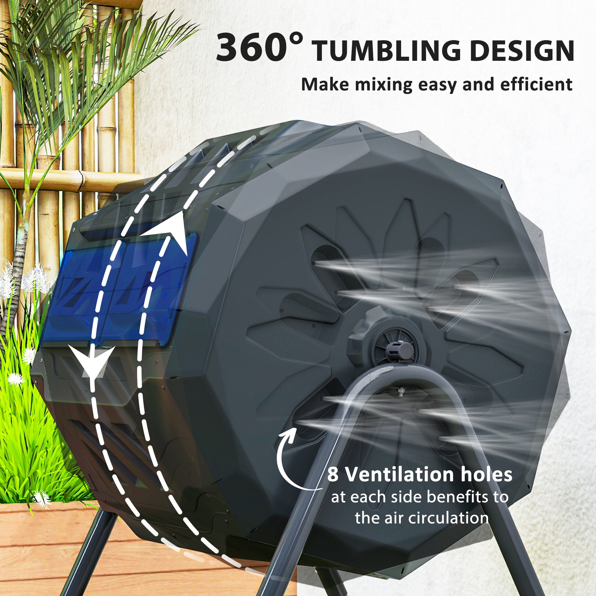 Outsunny 160L Tumbling Compost Bin Outdoor Dual Chamber 360° Rotating Composter, Garden Compost Bin w/ Sliding Doors & Solid Steel Frame, Blue - North Peak Garden Furniture