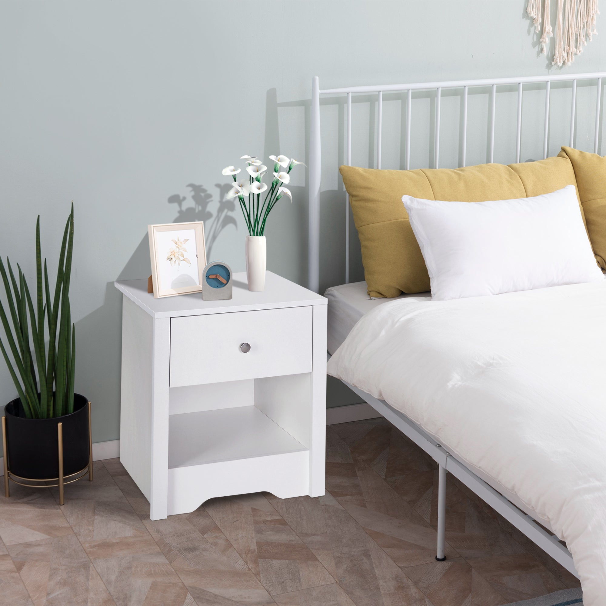 HOMCOM Bedside Table, Nightstand with Drawer and Open Shelf, End Table for Living room, Bedroom, Set of 2, White - North Peak Garden Furniture